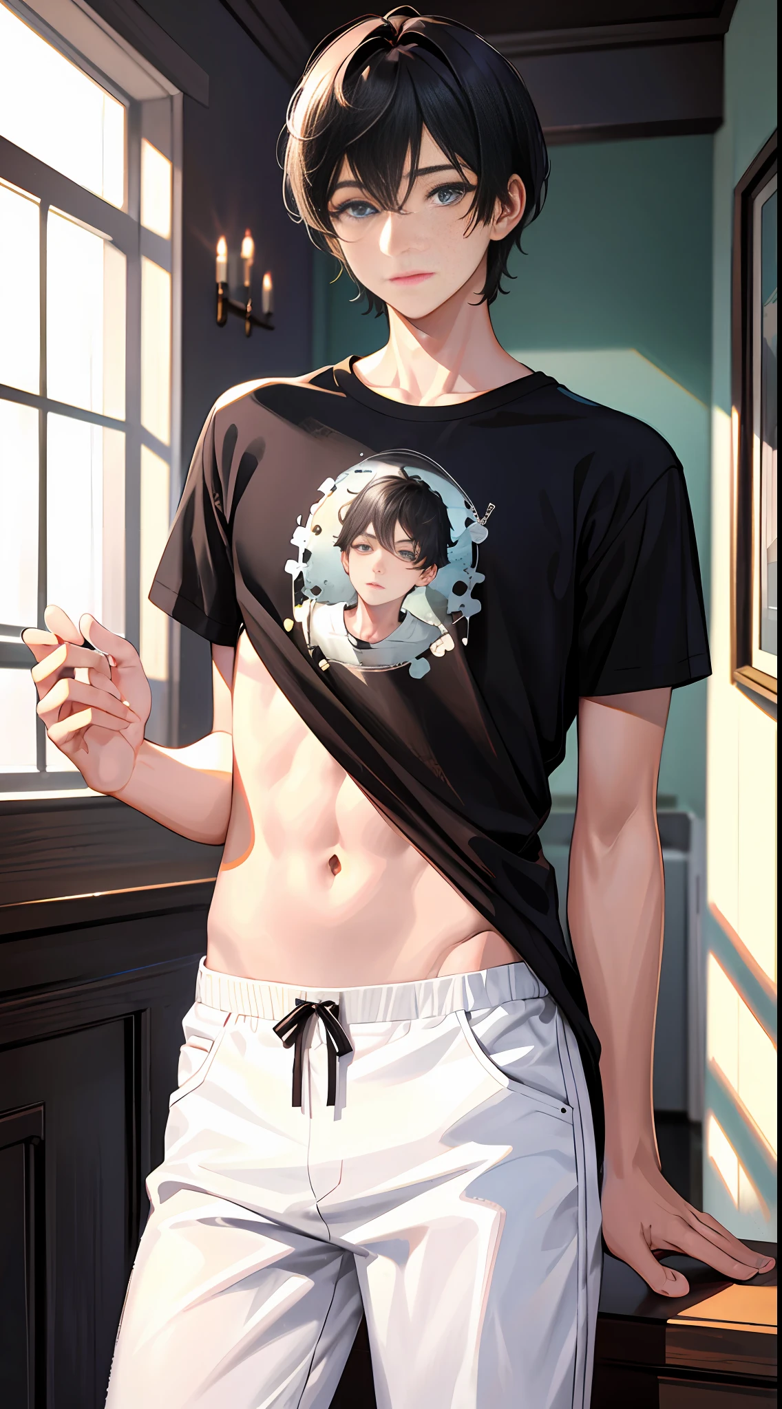 Masterpiece, best quality, super detailed, illustration, beautiful detailed eyes, close up, 1 boy, short black hair, comma hair, black t-shirt, white pants, at home