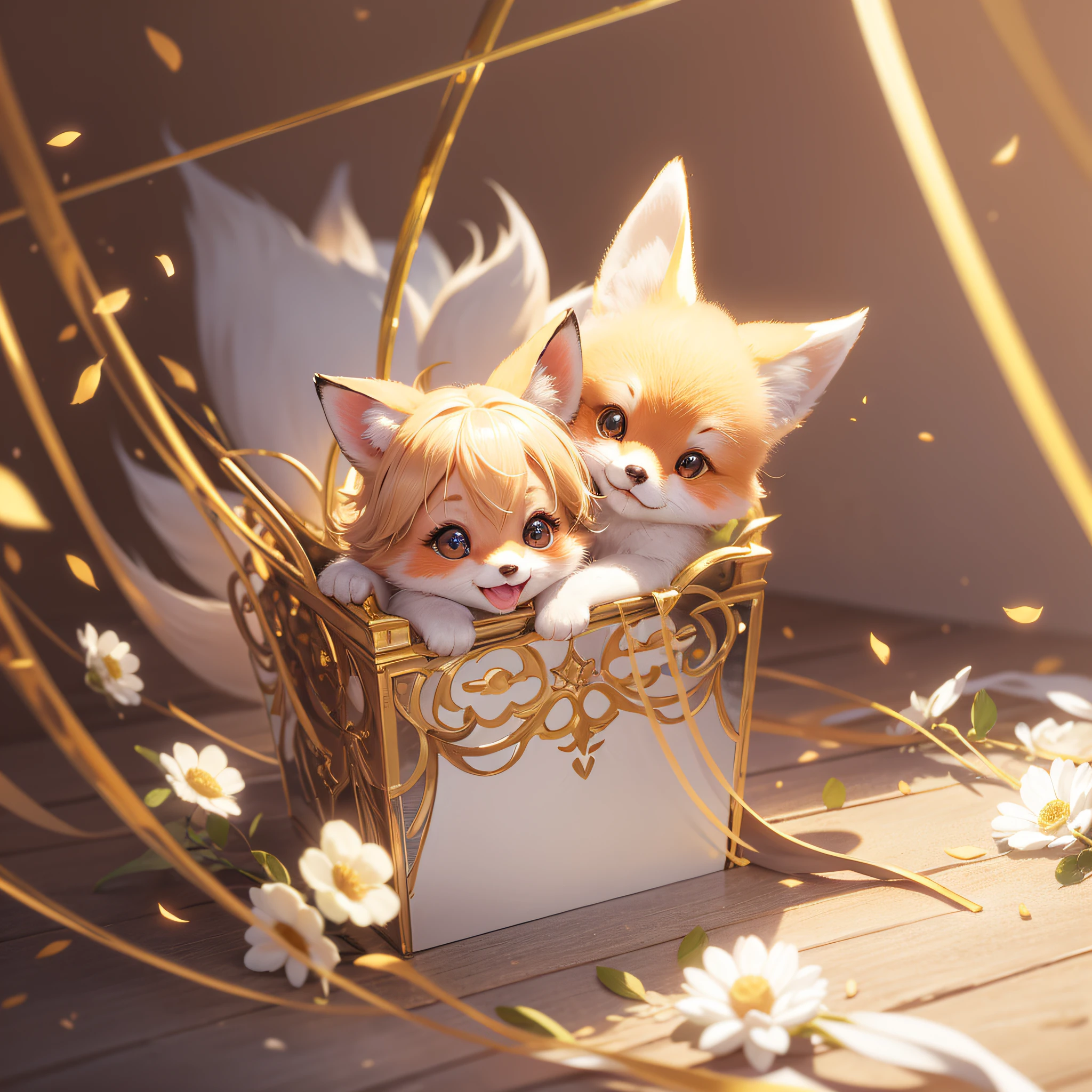 fox, very cute white, big eyes laugh, excitement, flowers, professional light, golden magic moment, pencil drawing, octane rendering, dynamic composition