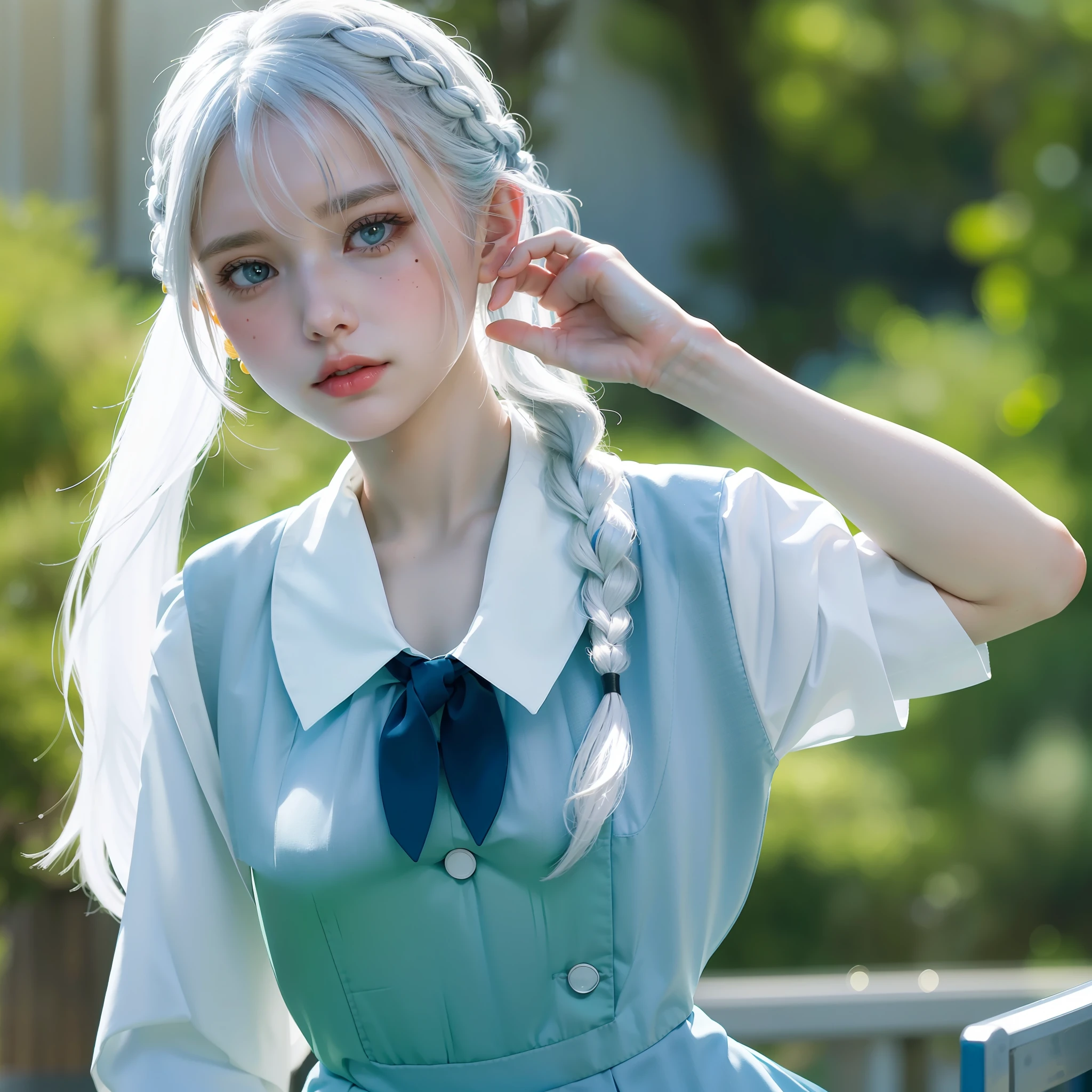 official art, unity 8k wallpaper, ultra detailed, beautiful and aesthetic, masterpiece, best quality, realistic, (1girl:1.2), white hair, medium hair, side braid, braid, green eyes, mole under eye, (school uniform:1.2), (kneehighs:1.1), classroom, from below, leaning back, flying button, huge breasts, sidelighting, blue sky,