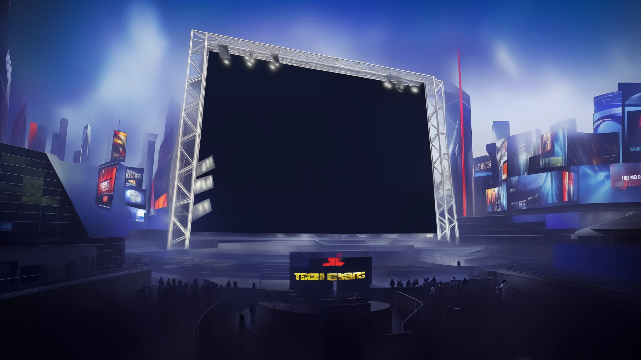 there is a large screen in the middle of a city, game overlay, large led screens, giant led screens, large screens, led screens, giant video screens, giant screens, game background, cinematic screen, stage background, large screen, arena background, background artwork, large viewscreens, large commercial led screens, background bar, in background, screens, machenic