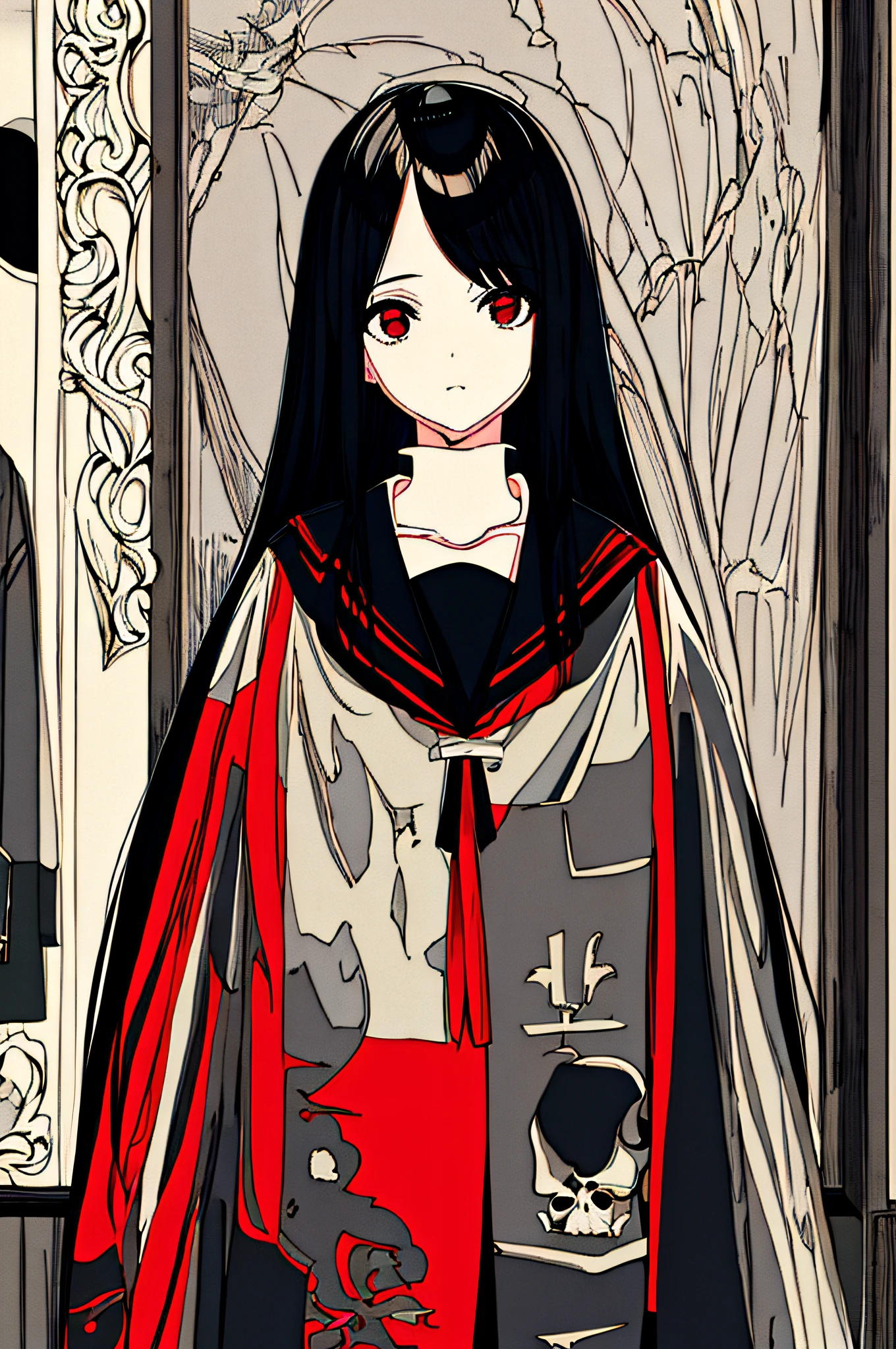 Masterpiece, best quality, monochrome, limited color palette, low contrast, 1girl, serafuku, black long straight hair, garlic flower, goat skull, (red, black)