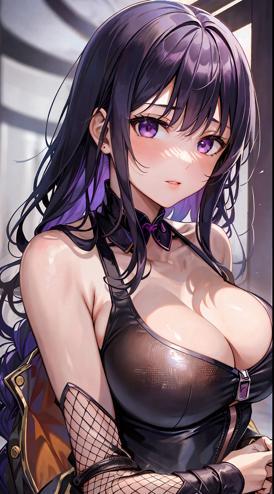 Masterpiece, highres, high Quality, detailed face, detailed body render, 1girl, solo, hyuuga hinata, hinata-sleeveless-outfit, large breasts, big breast, sleeveless shirt, fishnet top, dark lips, unzipped jacket, no bra, breasts out, nipple, standing, blushes, (on bedroom)