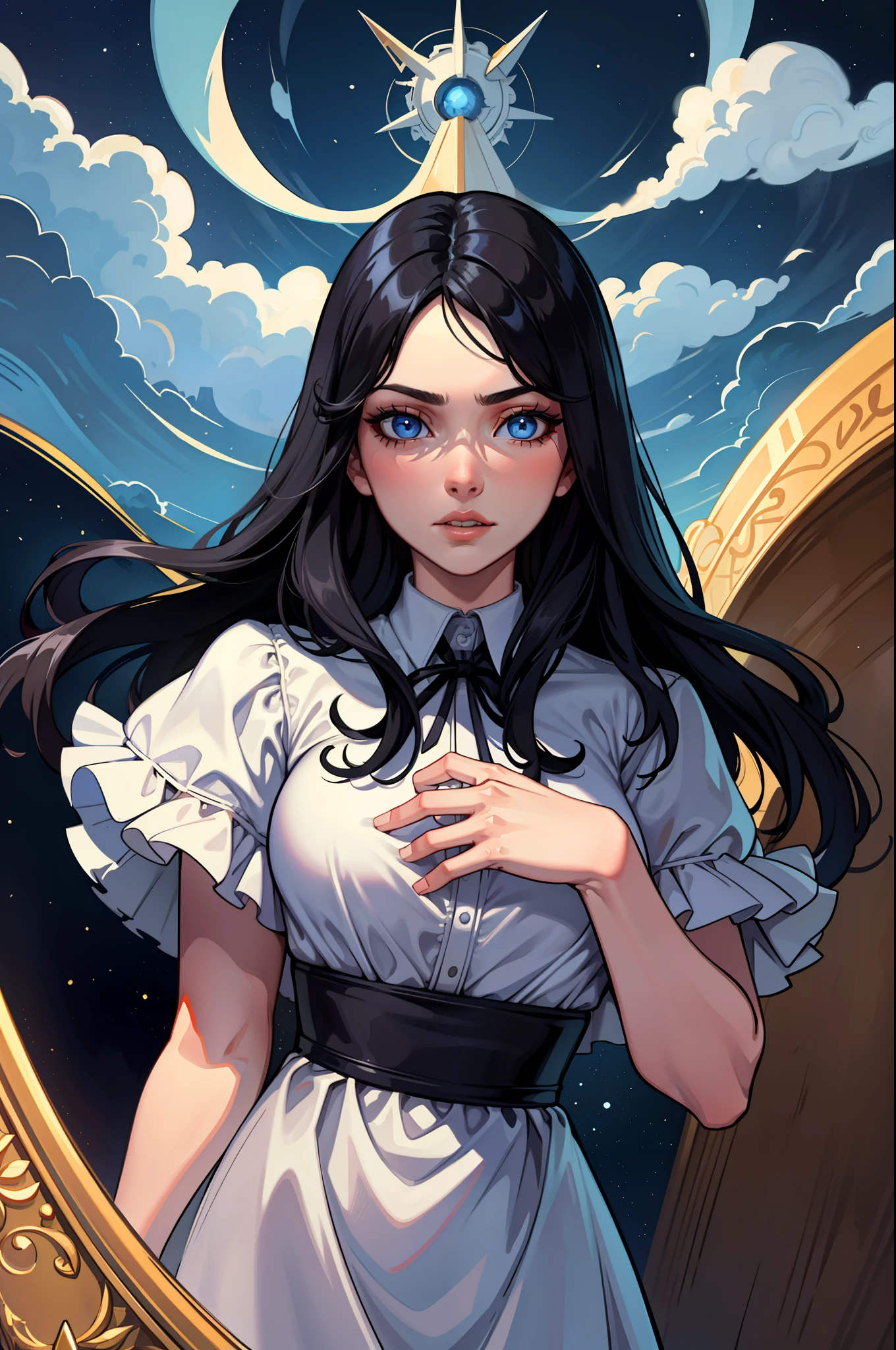 Best Quality, Masterpiece, Black Hair, Blue Eyes, Look Up, Upper Body, Long Hair