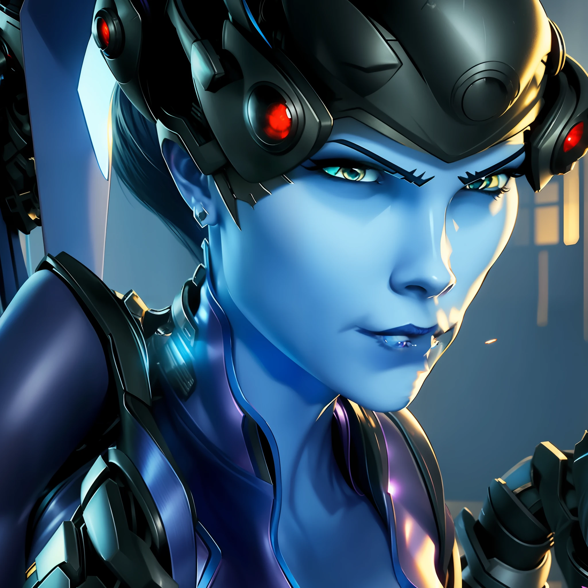 widowmaker, looking at viewer, death glare, waist up, visor, bodysuit, ponytail, skyscraper, solo, sunlight, best quality