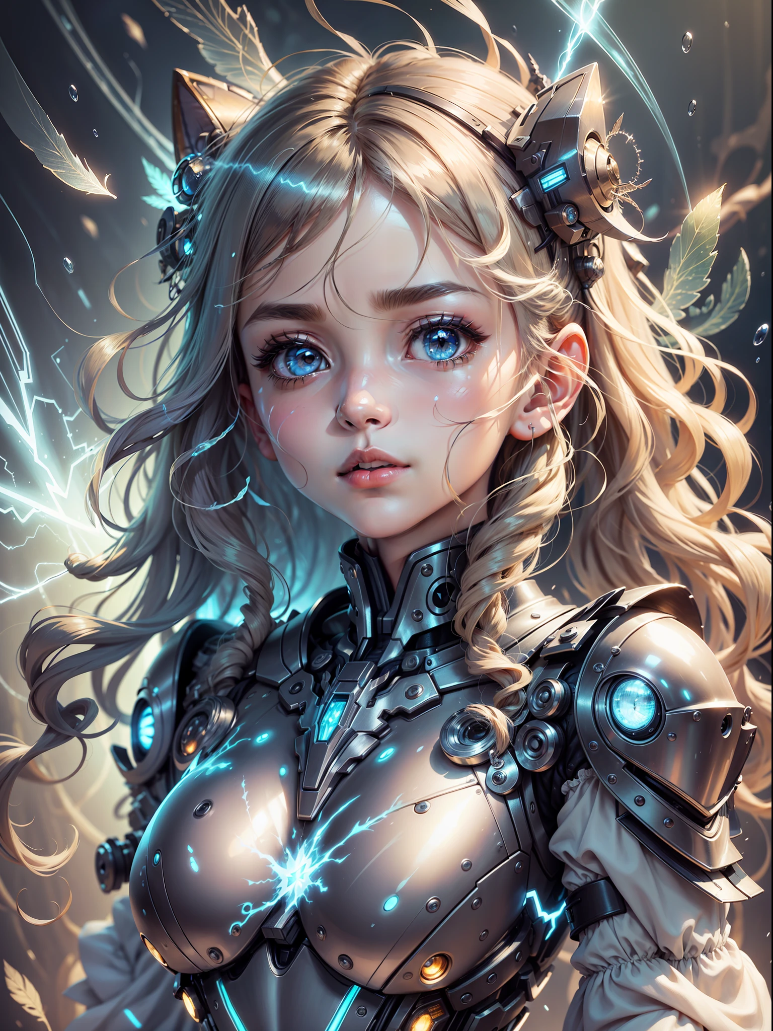((master piece)),best quality, illustration, 1girl, small ??????, beautiful detailed eyes,beautiful detailed hair, wavy hair, beautiful detailed street, mecha clothes, robot girl, cool movement, sliver ????????, (filigree), dragon wings, colorful background, rainy days, (lightning effect), (cold face),{{best quality}}, {{masterpiece}}, {{ultra-detailed}}, {illustration}, {detailed light}, {an extremely delicate and beautiful}, {beautiful detailed eyes}, {sunlight}, {{extremely light}}, {{extremely clothes}}, {{{Holy Light}}}, solo, Light particle, long_hair, {{glowing eyes}}, {{{expressionless}}}, [[light_smile]],{angel_halo}, [[[starry sky]]], {{dusk_sky}}, {{Floating light spot}}, {{Lots of feathers}},{{arms behind back}}, --auto --s2