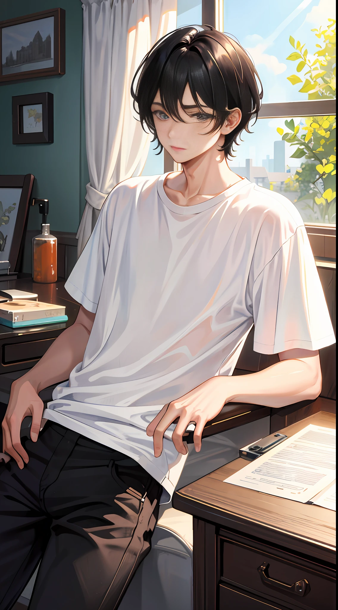 Masterpiece, best quality, super detailed, illustration, beautiful detailed eyes, close up, 1 boy, short black hair, comma hair, white t-shirt, black pants, at home