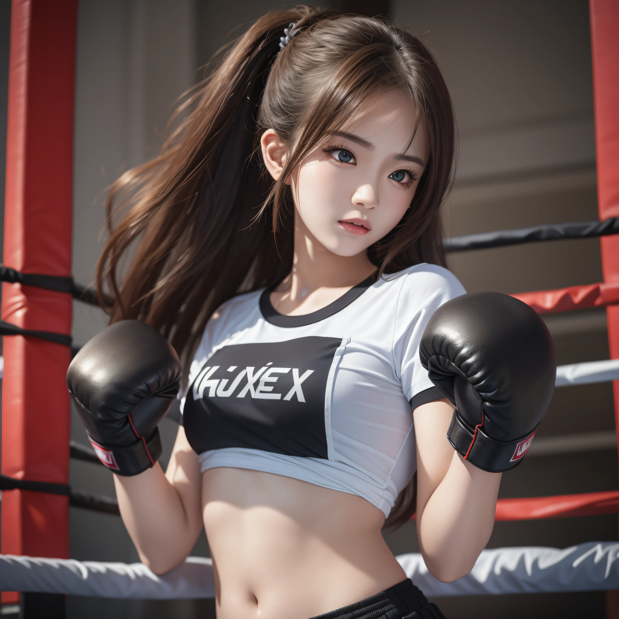 masterpiece, top quality, (realistic, photorealistic: 1.4), (RAW photo: 1.2), very elaborate CG Unity 8K wallpaper, very delicate and beautiful, wonderful, attention to detail, official art, absurdity, incredibly ridiculous, huge file size, very fine, very elaborate, beautiful eyes and face, beautiful elaborate eyes, light on the face, one girl, Long Hair, (Pom) Navel, Upper Body, Short Sleeved T-Shirt, Boxing Gloves, Bare Arms, Bangs, Boxing Gym, Boxing Ring, ULZZANG-6500-v1.1