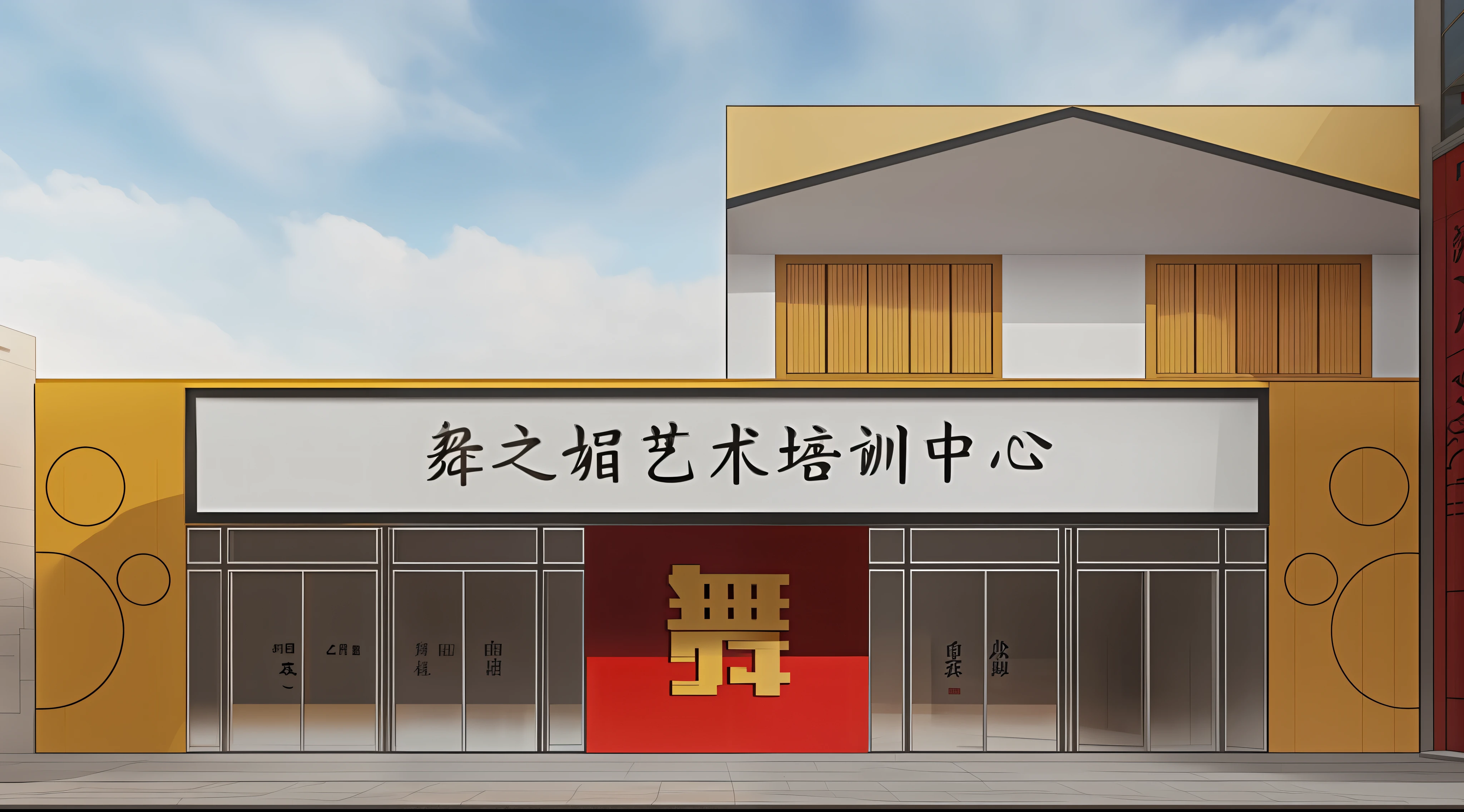 Drawing of the building with Chinese sign, building facing, with Chinese, front view, by Sengai, storefront, other smaller buildings, façade, shop, real