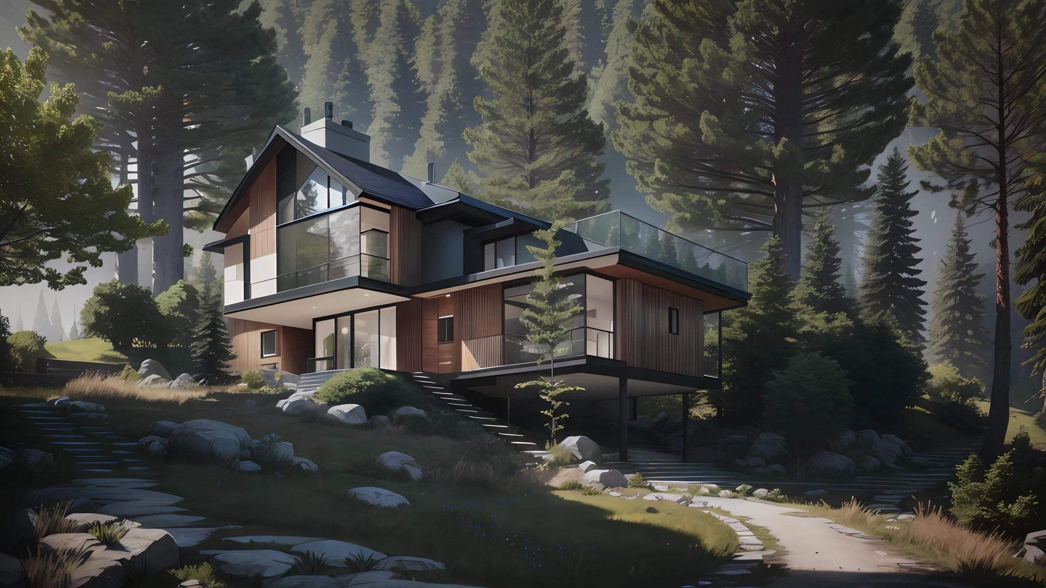 there is a house on a hill with a lot of trees, lumion render, a photorealistic rendering, lumion rendering, very realistic render, modern house in the wood, natural realistic render, rendered in lumion pro, photorealistic rendering, unreal engine realistic render, beautifully detailed render, realistic physical rendering, rendered in lumion, photo realistic render --auto --s2