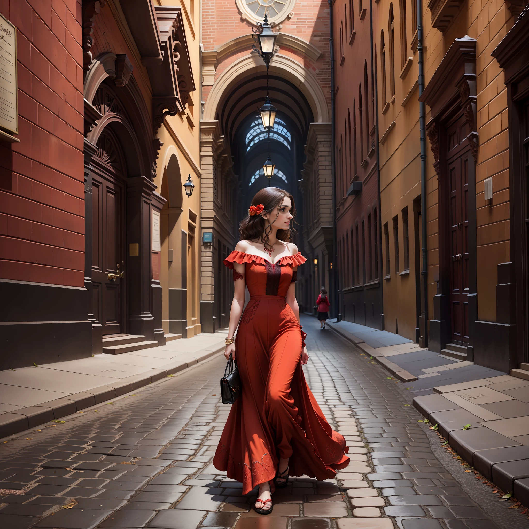 "A woman in a vibrant red dress walks gracefully on a cobblestone street in a historic city. The buildings around her are rich in architectural details, with ornate facades and framed windows. The high-resolution imagery of 8K allows for appreciating every intricate detail, from the sculptures on the walls to the weathered textures of the concrete. The soft lighting of the street enhances the vibrant colors of the woman's dress, which is captured in a 4K image quality with crisp colors and patterns."