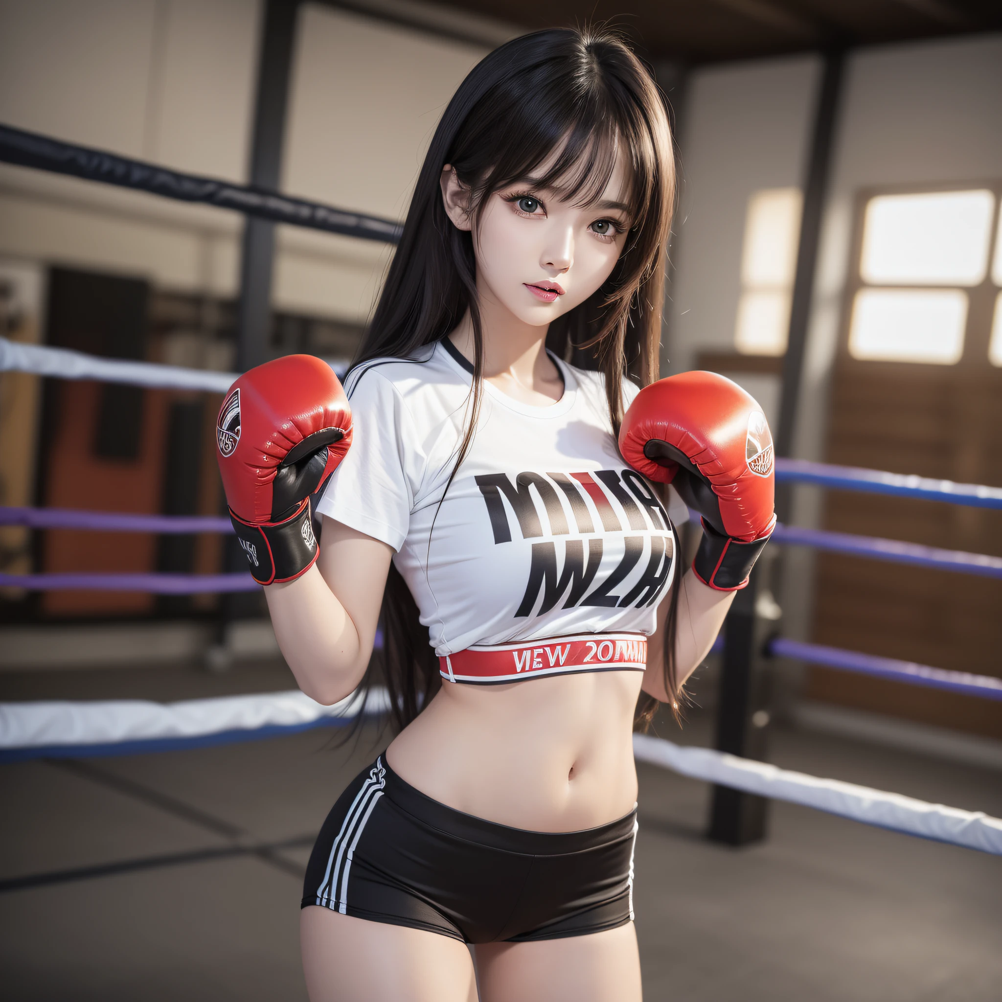 masterpiece, top quality, (realistic, photorealistic: 1.4), (RAW photo: 1.2), very elaborate CG Unity 8K wallpaper, very delicate and beautiful, wonderful, attention to detail, official art, absurdity, incredibly ridiculous, huge file size, very fine, very elaborate, beautiful eyes and face, beautiful elaborate eyes, light on the face, one girl, Long Hair, (Pom) Navel, Upper Body, Short Sleeved T-Shirt, Boxing Gloves, Bare Arms, Bangs, Boxing Gym, Boxing Ring, ULZZANG-6500-v1.1