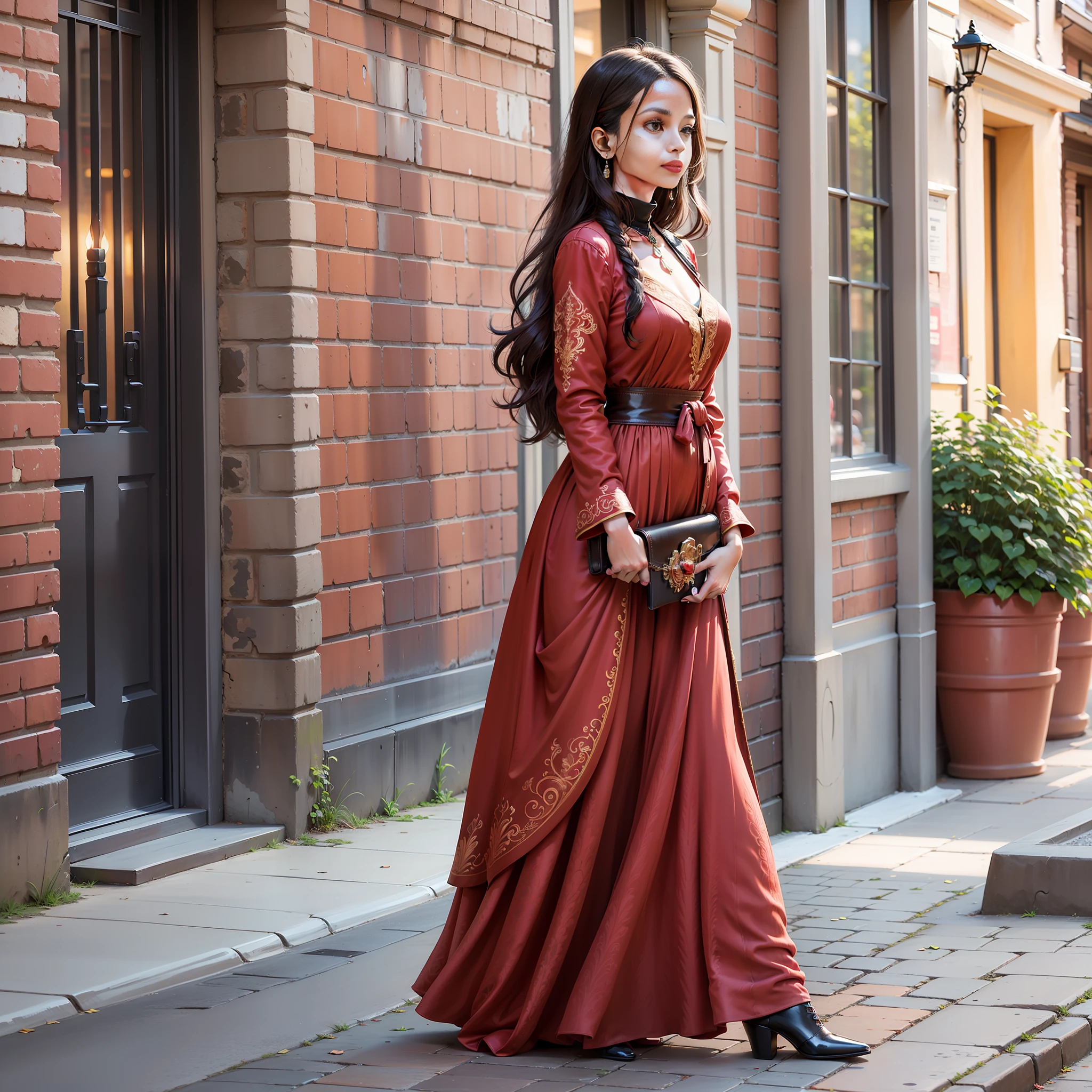 "A woman in a vibrant red dress walks gracefully on a cobblestone street in a historic city. The buildings around her are rich in architectural details, with ornate facades and framed windows. The high-resolution imagery of 8K allows for appreciating every intricate detail, from the sculptures on the walls to the weathered textures of the concrete. The soft lighting of the street enhances the vibrant colors of the woman's dress, which is captured in a 4K image quality with crisp colors and patterns."