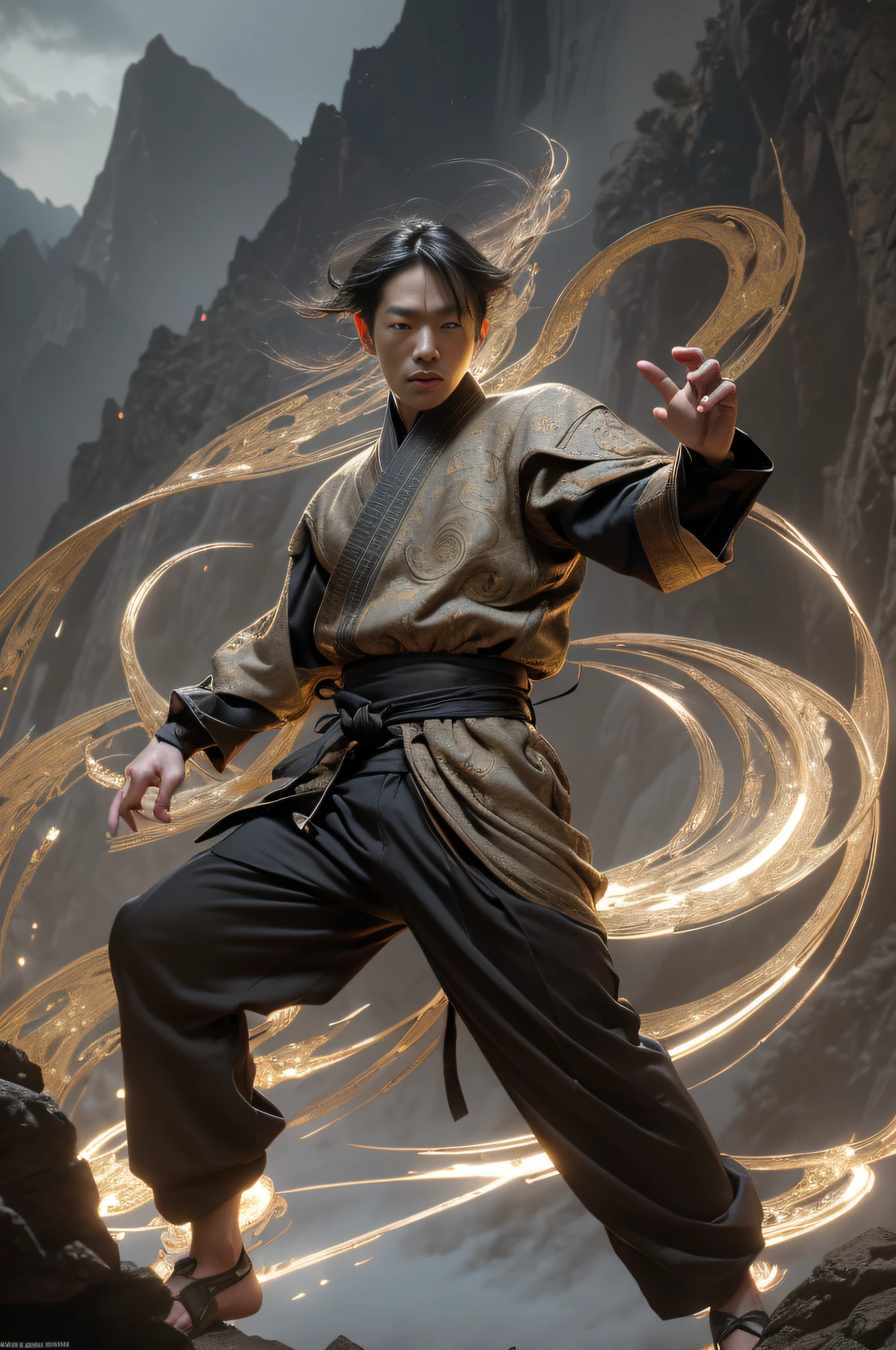 Best Quality, Masterpiece, Ultra High Resolution, (Realistic: 1.4), Xiuxian, Weapon, Detailed Face, .1 Boy, Solo, Weapon, , (Magic Circle: 1.2), Xiuxian, Upper Body, Sheath, (Absurd, High Resolution, Ultra Detailed), Asian, 1 male, eighteen-year-old boy, handsome, tall muscular man, broad shoulders, very short hair, bottom cut, dark brown eyes, fine eyes and detailed face, extremely detailed CG Unity 8k wallpaper, intricate details, (style swirl magic: 0.7), looking at the audience, solo, (full body: 0.6), detailed background, detailed face, hair fluttering in the wind, martial artist, dynamic pose, battle stance, clenched fists, fingerless gloves, wristband, dragon theme costume, monk robe, alpine mountain background, rotating floating particles, dynamic composition, hanfu, jinshan, jinshan background, jinshan background, jinshan, golden water flowing, big muscles