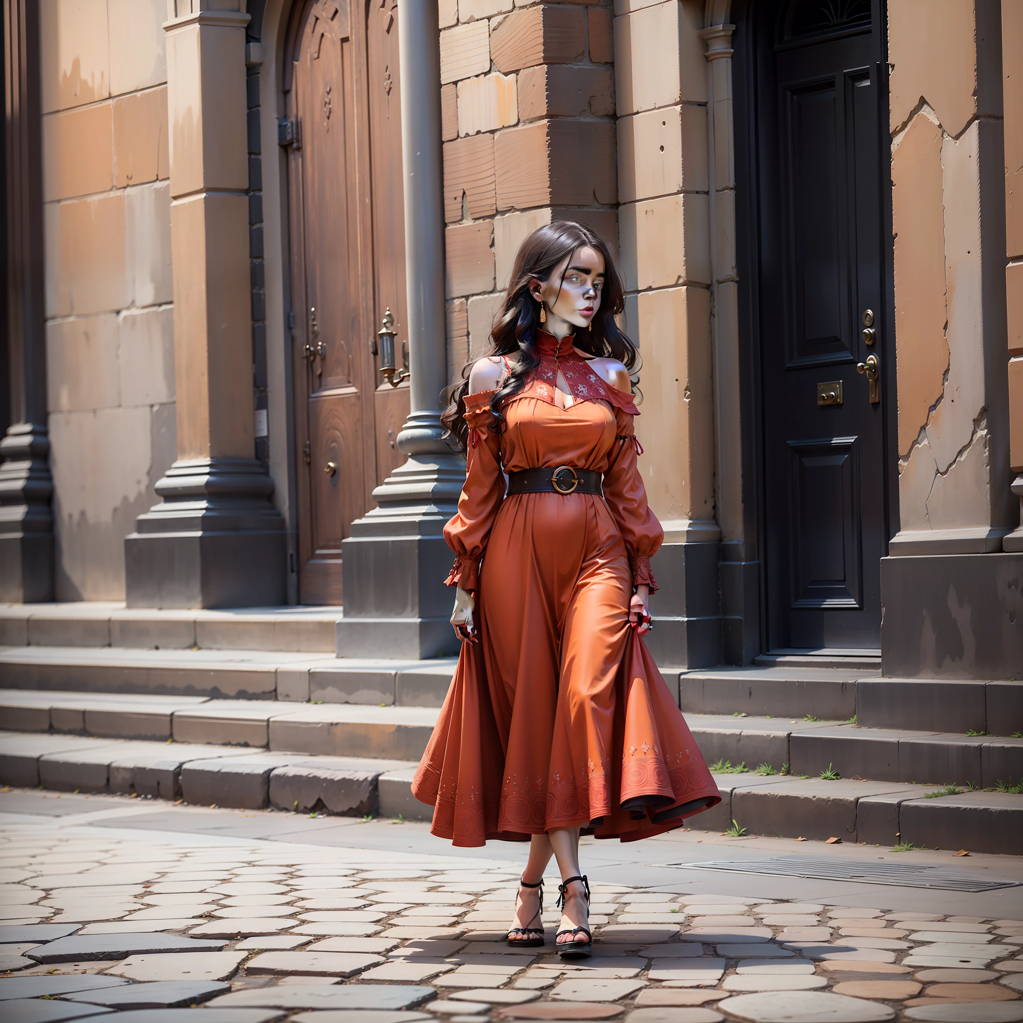 "A woman in a vibrant red dress walks gracefully on a cobblestone street in a historic city. The buildings around her are rich in architectural details, with ornate facades and framed windows. The high-resolution imagery of 8K allows for appreciating every intricate detail, from the sculptures on the walls to the weathered textures of the concrete. The soft lighting of the street enhances the vibrant colors of the woman's dress, which is captured in a 4K image quality with crisp colors and patterns."