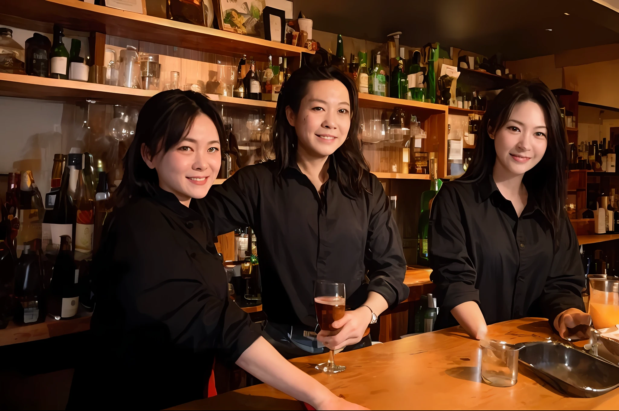 (RAW photos, top quality, masterpiece: 1.2), (realistic, photorealistic: 1.4), (masterpiece: 1.4), (best quality: 1.4), 2 girls, tavern, bar, counter,