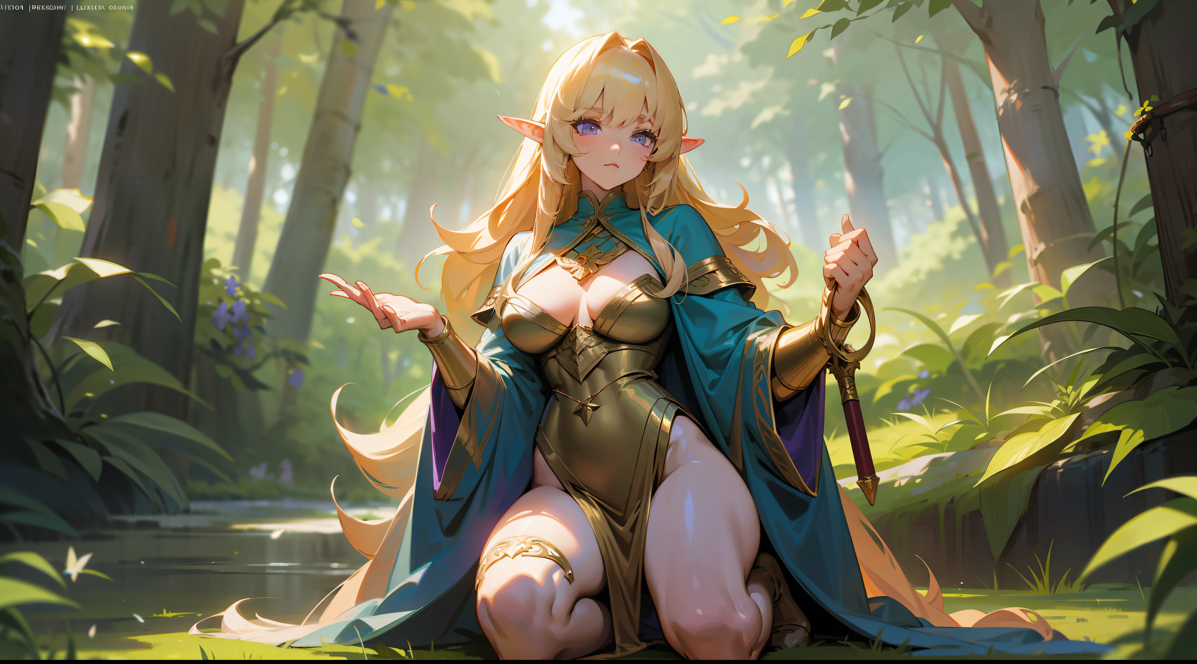 An elven warrior, long golden hair, bangs, large breasts, heroic posture, lilac eyes, full body, confident, fantasy, medieval, in a forest