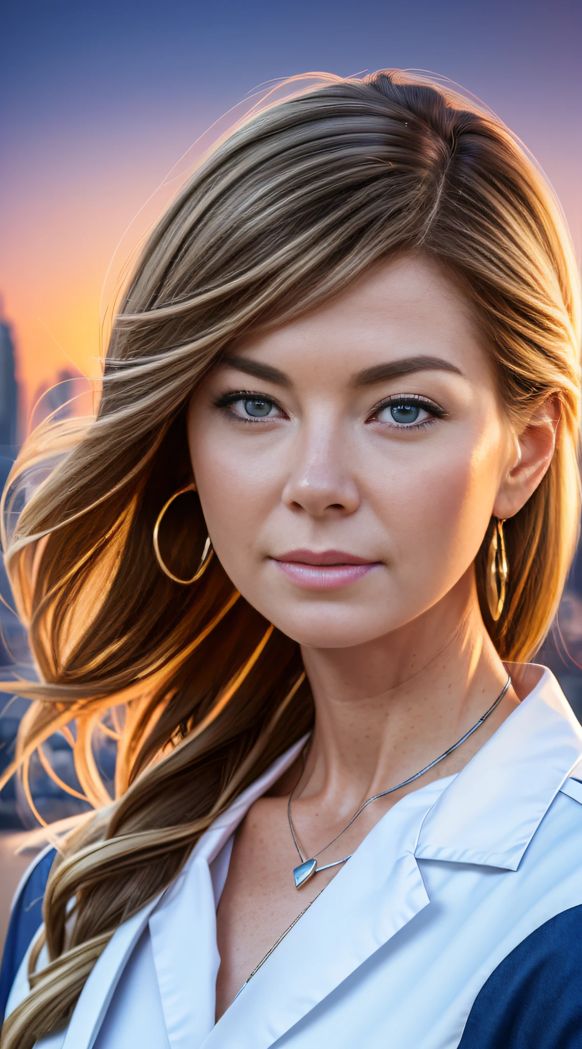 a photo of the beautiful Ellen Pompeo, beautiful legs, wearing doctor's outfit, white doctor's coat, cute earrings, elegant makeup, (long hair), sunset, the city of São Paulo in the background, style of (Steve McCurry), Nikon Z FX device, EF 70mm lens, cinematic lighting, studio context, long exposure style, long shot type, vibrant color scene, photorealistic, intrinsic, beautiful face, ultra-detailed face, perfect body, whole body, flawless, realistic, highly detailed, art-station, trendy, masterpiece, realistic face, realistic skin, detailed eyes, great art, ultra realistic render n-9, 4K, 8K, 16K, 20K, HDR, UHD, 64K, perfect lighting, studio lighting, photorealistic, hyper realistic, symmetrical face, unreal engine, bokeh, high resolution scanning, Professional photography