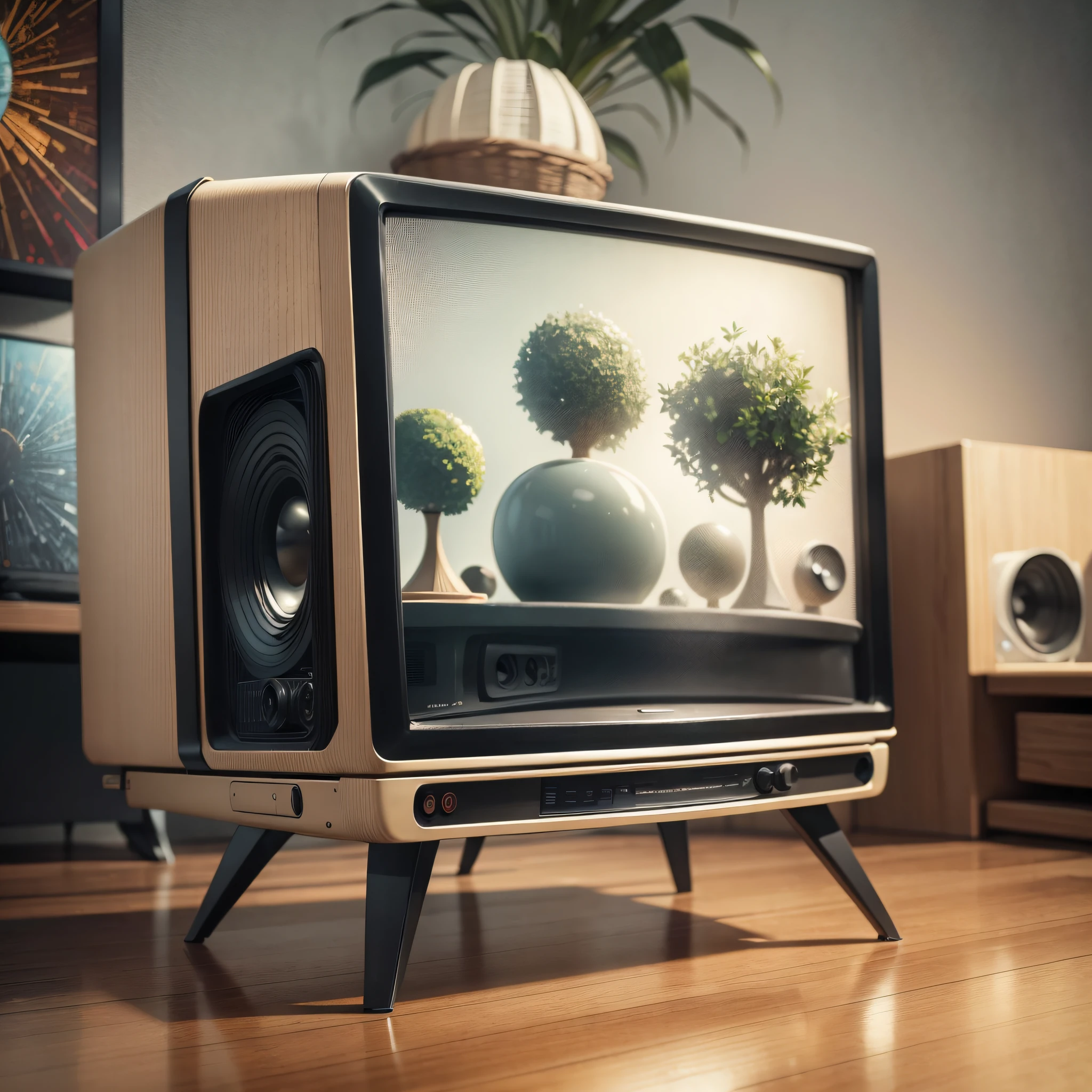 "((Masterpiece)), 60s style square front TV, on a table, high quality, very detailed and ultra-realistic set in the 1960s. Cinematic lighting, f/1.8 aperture technique and 16k resolution give you the best viewing experience."