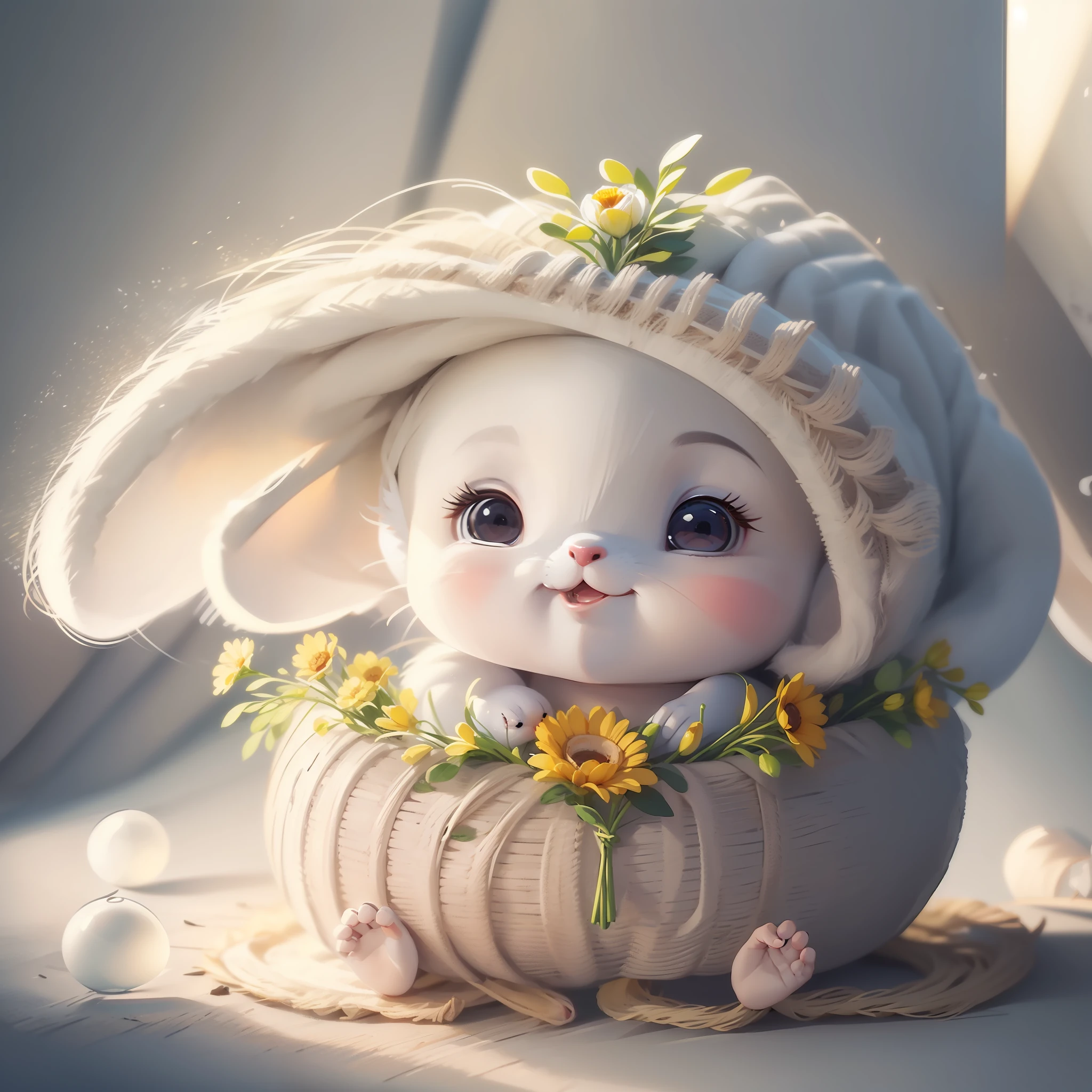 Baby fox, very cute white, big eyes laugh, excitement, flowers, professional light, golden magic moment, pencil drawing, octane rendering, dynamic composition