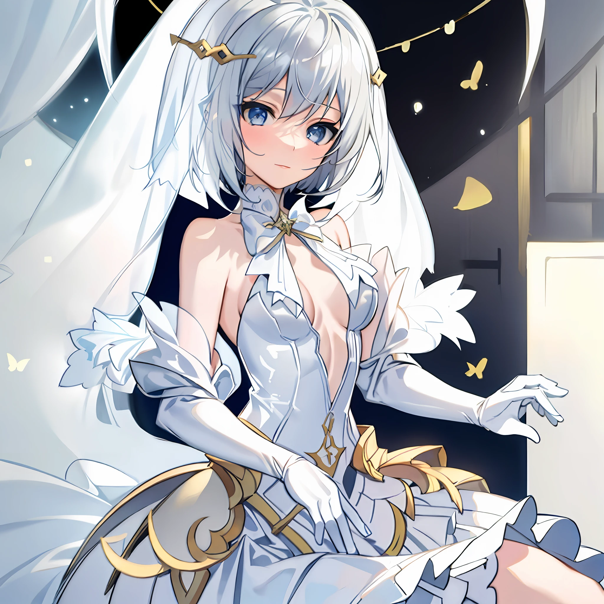 18 year old beautiful girl, masterpiece, top quality, 8K animation, detailed fingers, precise fingers, not unnatural hands, illustration, 1 girl, solo, silver hair bob cut, white veil, ORIGAMI