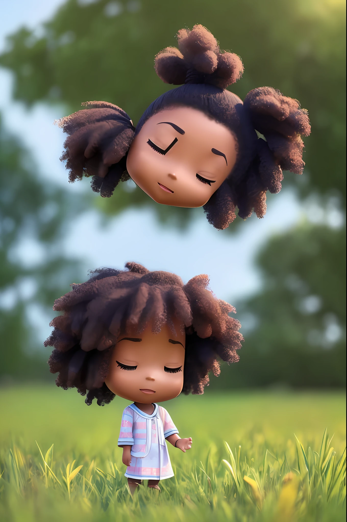 3D chibi cartoon character praying in a field, black girl, ((eyes half-closed)), eyes closed, movie art, clean shot, ghailan!, like a pixar character, beautiful young woman, long afro hair, grace and blessing, rendered unreal, movie promo image, rendered upscale image - --auto --s2