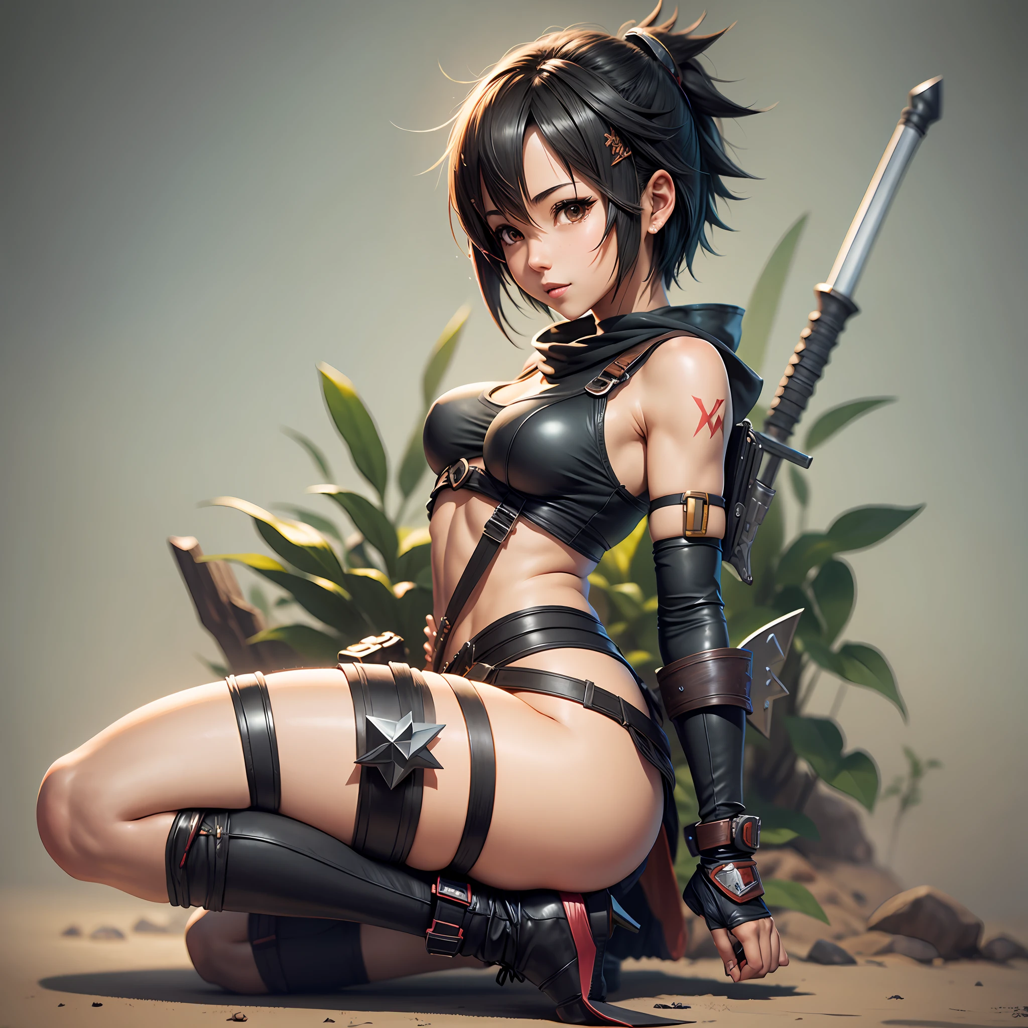 Final Fantasy, Yuffie, Ninja, 1 Woman, Japan Person, Full Body, Cute, Short Hair, Adorable, Giant Shuriken, Yuffie Cosplay Costume, Realistic, Ultra High Definition Illustration, Fun, Delighted,