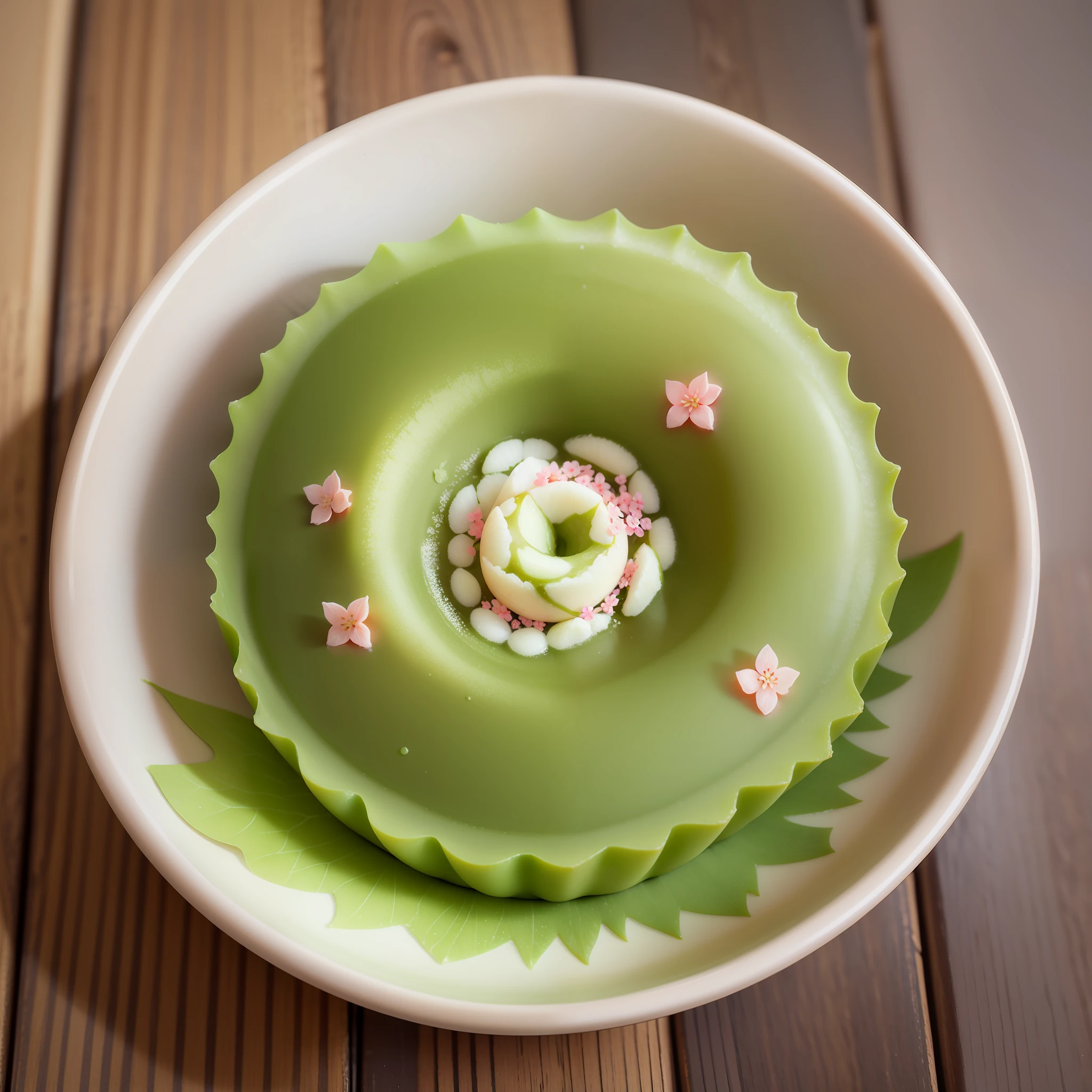 Sakura mochi, matcha toppings in the shape of small green leaves, soft, sweet, snacks, ready-to-eat, recipes, the world of cherry blossom powder, real texture, real texture, real lighting --auto --s2