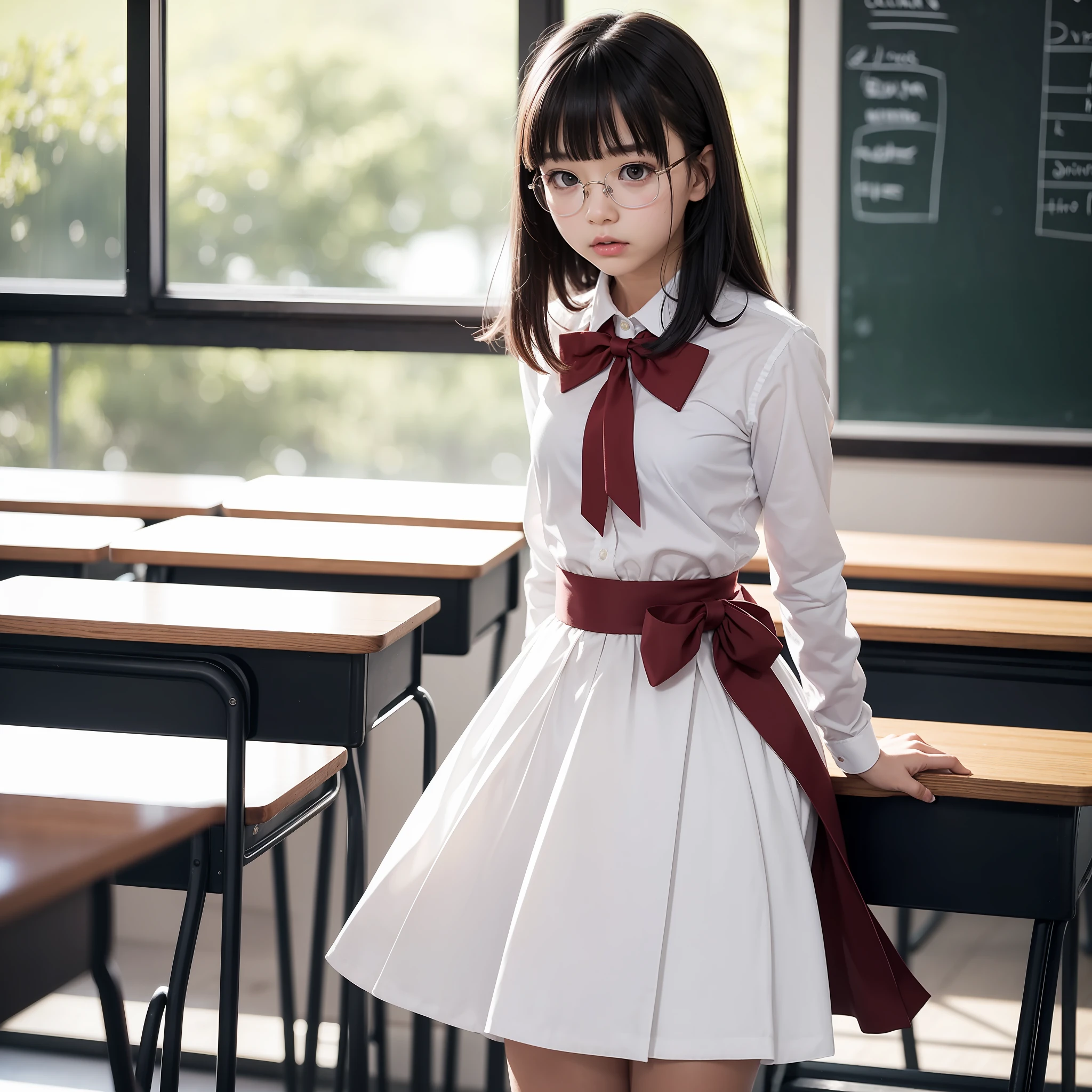 Blurry, Blurred background, Blurred foreground, Depth of field, 1 girl, Photo (medium), 18 years old, Classroom, Ribbon, School chair, Solo, Surprisingly small, Full body, Glasses, Glaring, Angry, Alone, Red bow, Uniform, 3D, Asian, Lips, Motion blur, Standing, Watching, Shirt, Indoors, White shirt, Short hair, Ribbon tie, Blackboard, Bangs, Black hair