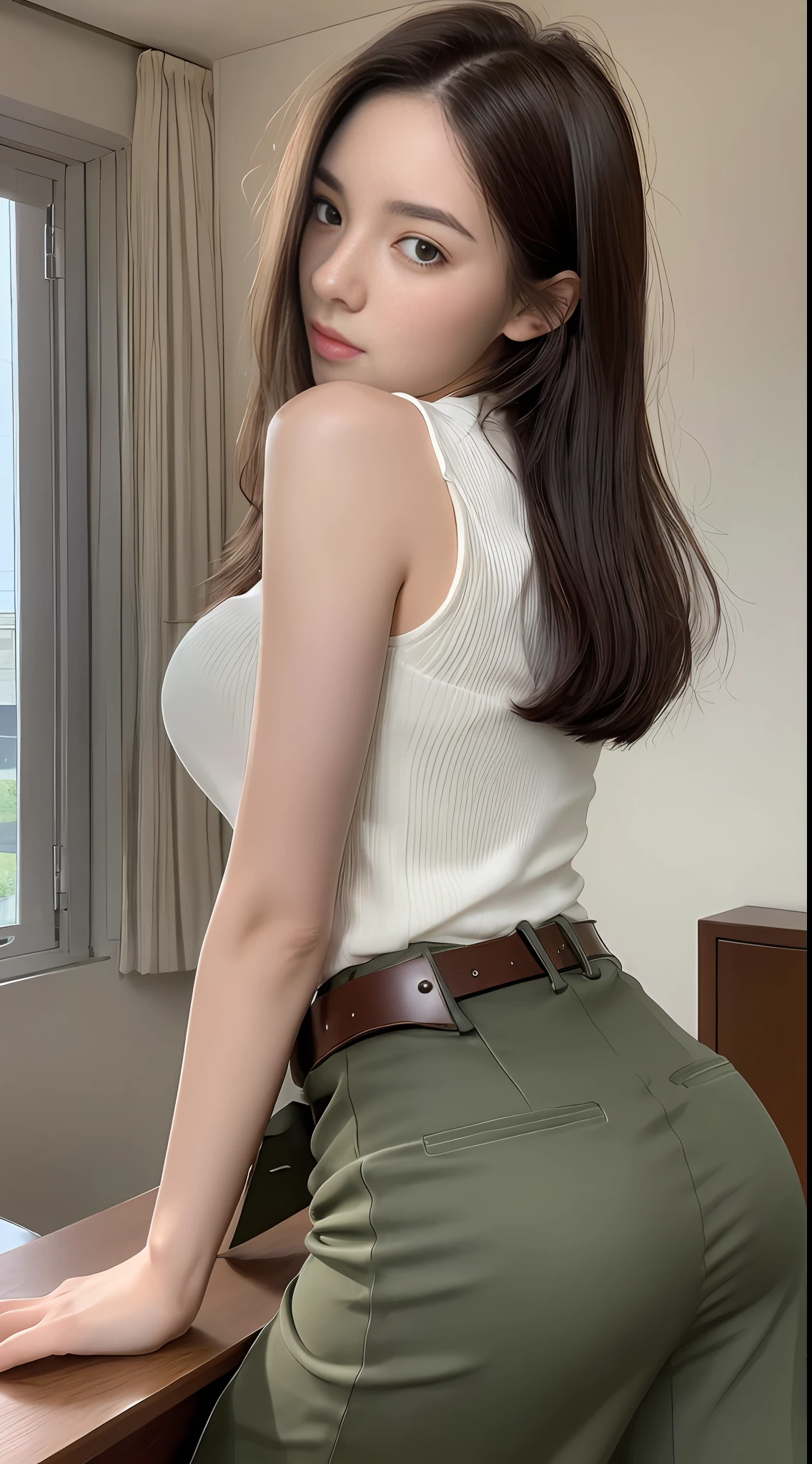 (top quality, high resolution, masterpiece: 1.3), women in their twenties, amazingly cute, tall and cute woman, slender abs, dark brown hair styled with straight hair, chest, (slender thighs), wearing pendant, white button-up blouse, belt, skirt, (room in the background), exquisitely rendered details on the texture of the face and skin, Detailed eyes, double eyelids, upper eye use, slouching, blushing, leaning forward, looking up, whole body, hands on the desk, looking back and looking back, buttocks sticking out,