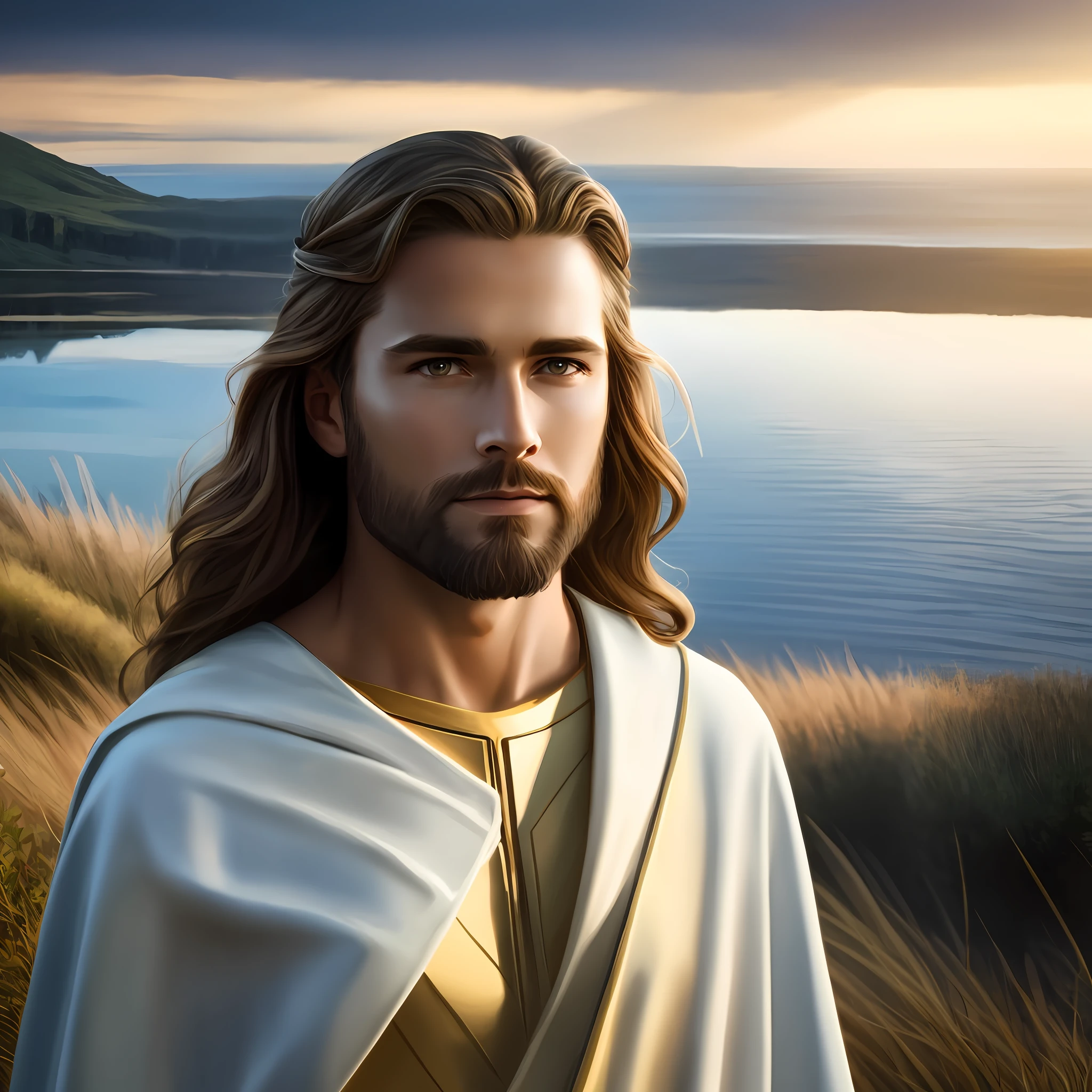 jesus standing on a hill overlooking a lake and a mountain, jesus christ, greg olsen, portrait of jesus christ, jesus, jesus walking on water, the lord and savior, jesus of nazareth, young almighty god, handsome stunning realistic, bible illustration, dressed like jesus christ, beautiful digital painting, fan art, digitally painted, beautiful man, gorgeous digital painting --auto --s2