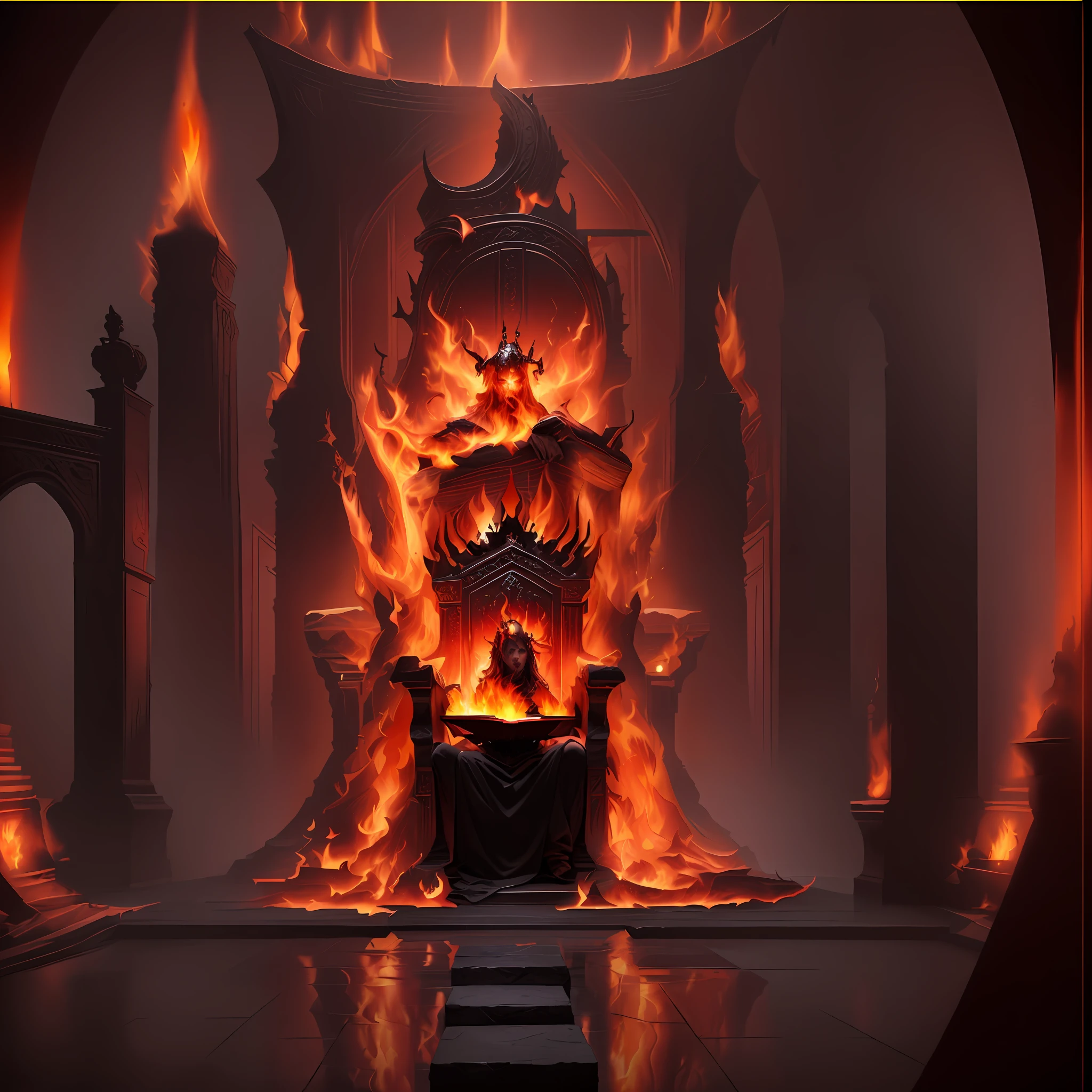 a large throne with a fire burning in the middle of it, lord from hell on the throne, king of hell, the king of hell, the glowing throne, holy flame crown spell, in a throne room, throne room, dagoth ur, crown of fire, decadent throne room, the iron throne, ruler of inferno, throne of olympus --auto --s2