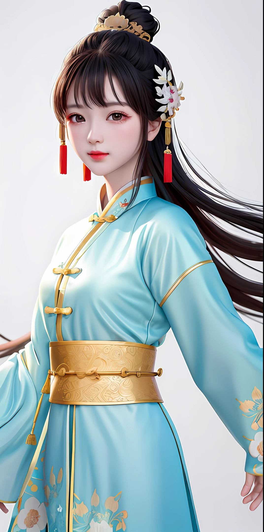 A girl, ancient Chinese costume, whole body, sunshine, clear face, clean white background, masterpiece, super detail, epic composition, ultra HD, high quality, extremely detailed, official art, uniform 8k wallpaper, super detail, 32k -- v 6
