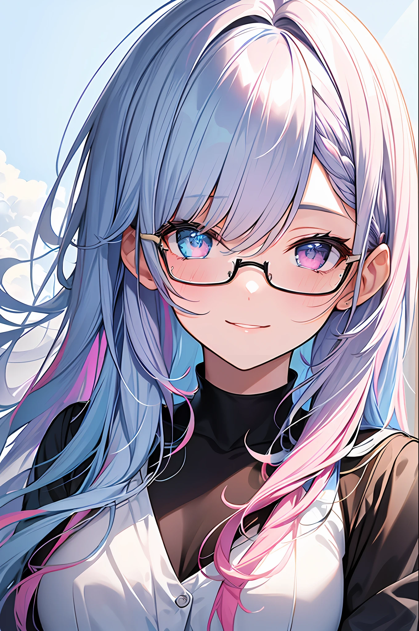 (Masterpiece, Best Quality, Best Quality, Watercolor (Medium), Official Art, Beautiful and Aesthetic: 1.2), (1 Girl: 1.3), (Fractal Art: 1.3), Full Body, Star-shaped Pupil, Watching Viewer, Pattern, ((iridescent hair, colorful hair, half blue and half pink hair: 1.2)), water, liquid, clouds, colorful, starry sky, stars, smile, glasses, close-up, heterochromia, (Colorful: 1.5)