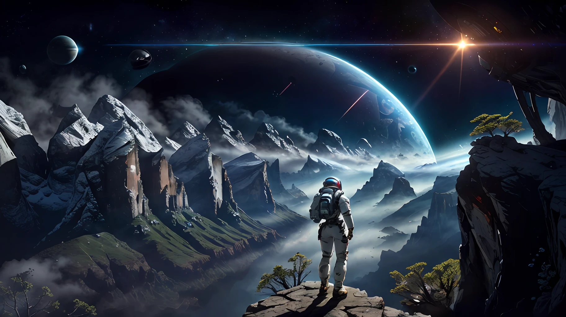 (35mmstyle:1.2), Highly detailed RAW color Photo, Rear Angle, Full Body, of (female space marine, wearing white and red space suit, futuristic helmet, tined face shield, rebreather, accentuated booty), outdoors, (standing on Precipice of tall rocky mountain, looking out at magical lush green rain forest on alien planet), vivid detail, (exotic alien planet), toned body, big butt, (sci-fi), (mountains:1.1), (lush green vegetation), (two moons in sky:0.8), (highly detailed, hyperdetailed, intricate), (lens flare:0.7), (bloom:0.7), particle effects, raytracing, cinematic lighting, shallow depth of field, photographed on a Sony a9 II, 35mm wide angle lens, sharp focus, cinematic film still from Gravity 2013, viewed from behind, dynamic angle