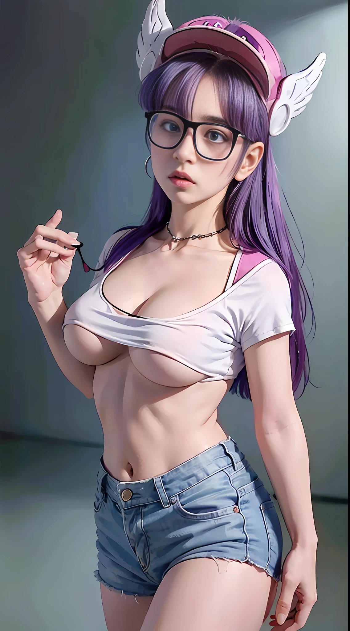 Beautiful girl, full body, ((Arale)),(top quality), ((wing hat,glasses)), (biggest blue eyes ever:1.4), long hair,purple hair,beautiful studio soft light, vibrant details, elegant, beautiful background, best quality, masterpiece, illustration, an extremely delicate and beautiful, extremely detailed, deep cleavage, sexy look, blue denim short, standing, perfect ass, slim body, narrow waist, tinyest midriff ever, belly button showing, crop top and strong abs, wearing a sexy cropped loose shirt, sfw, visible through the top, ((nipple)) erect under the clothes, (extra-fine clothing material),(nipple_outline), ((sfw)), view from below