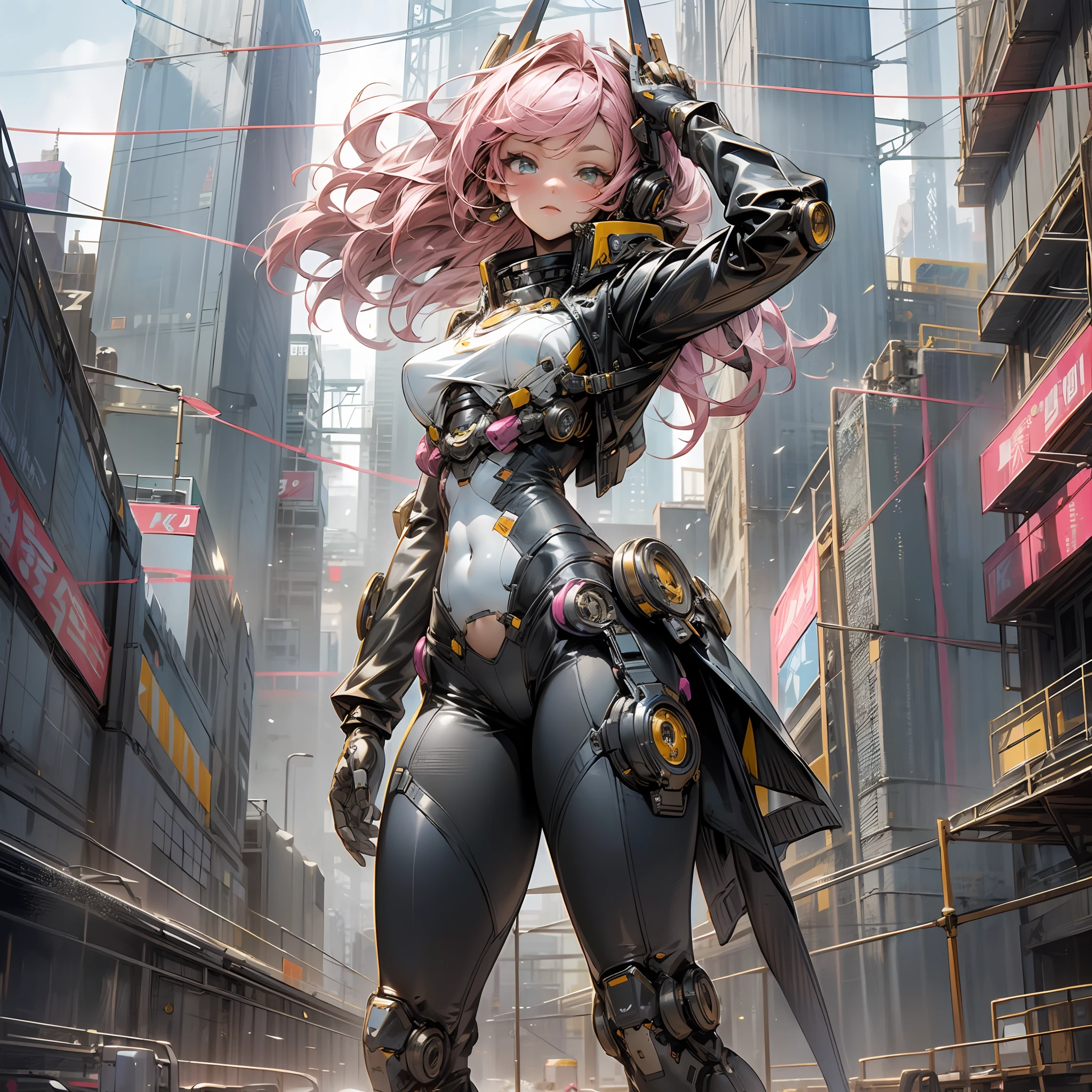 (outstanding, professional, surreal), towering buildings rise from the ground to form a magnificent landscape of the futuristic city. In the center of the picture, a huge and magnificent robot mech stands tall. Its pink metal shell shimmers, and the delicate textures and intricate lines of the robot mech outline its high-tech figure. The robot mech is tall, exuding an unparalleled sense of majesty and power. The robot mech has bright LED lights embedded in its shoulders, flashing in various bright colors, like the bright stars of the future city. Its arms are equipped with powerful energy weapons and are ready to meet the challenges of battle. Standing next to the robot, we see a striking teenage girl. She wears a black leather jacket and close-fitting black stockings, highlighting her perfect figure. The texture of the black leather jacket contrasts with the metallic texture of the robot, showing a unique visual effect. The girl's firm and resolute eyes show that she is fearless, (the girl is in good shape, wearing leather clothes, showing her navel, medium breasts, and clear facial details) --auto --s2