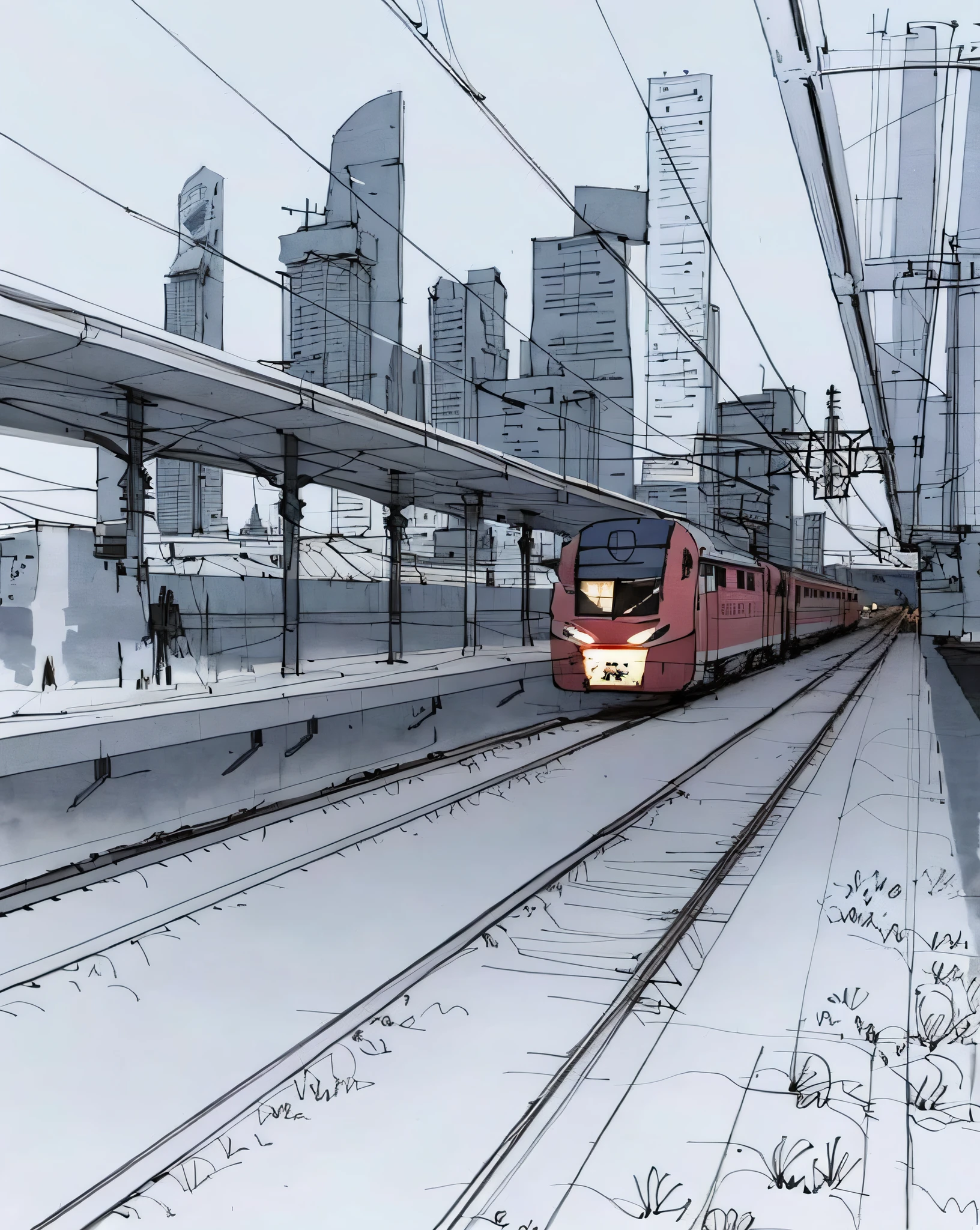 sketch, sketch,pen_sketch_style,there is a landscape red electric train rides in the city on the tracks, platform, snow, transmission lines, city, in the background skyscrapers
