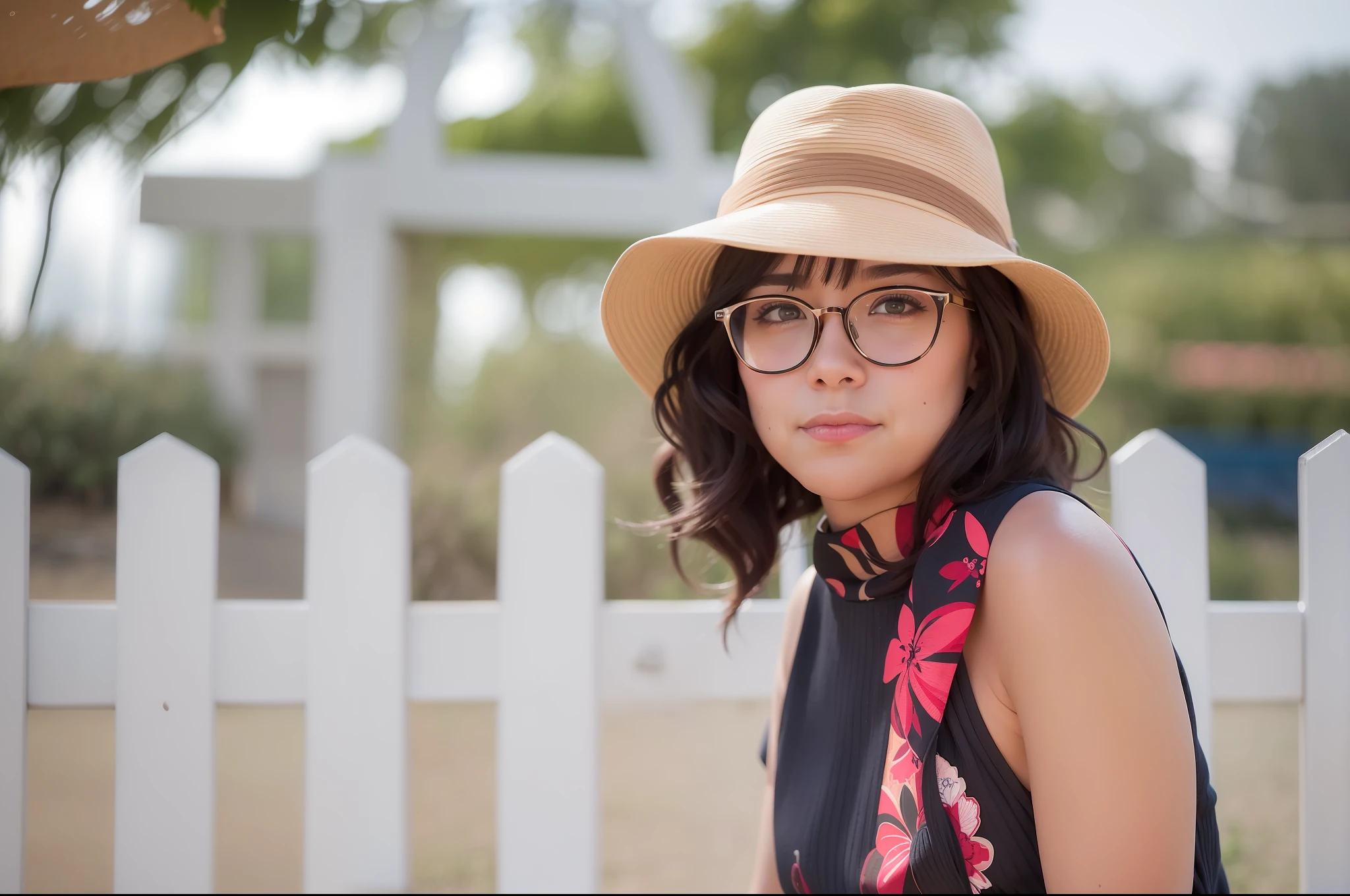 there is a woman wearing a hat and glasses standing in front of a fence, 7 0 mm portrait, 60mm portrait, shot in canon 50mm f/1.2, 50 mm lens photo portrait, dslr 5 0 mm portrait photo, shot on nikon z9, 50mm portrait, wearing thin large round glasses