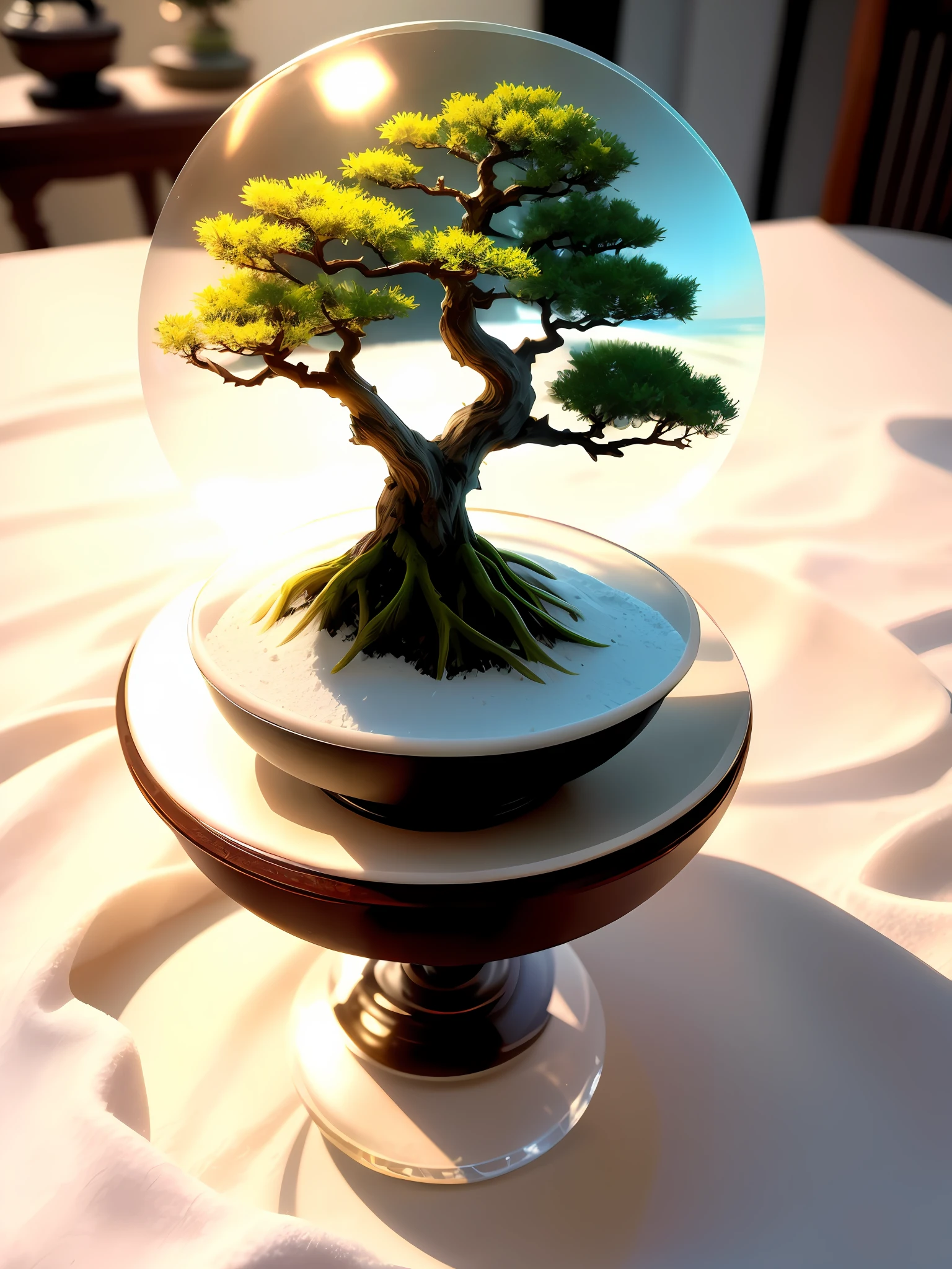 Artistic, Ultra Realistic, 16K High Resolution, (Max Sharp Focus: 1.3), (On Table: 0.2), (Downlight: 1.2), (Max Close-up: 1.2), (Mini Bonsai trapped in a crystal ball with pedestal, White Sand: 1.7)