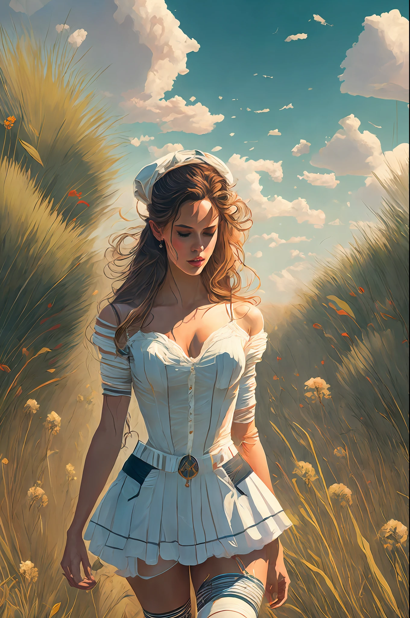 Beautiful girl in summer walking on the field in very tall grass, beautiful slim figure, small breasts, aesthetics of the female body, white stockings with garters, in the style of Dan Mumford Artwork, The Art of Computer Games, Psytrance, Hydro74 Style
