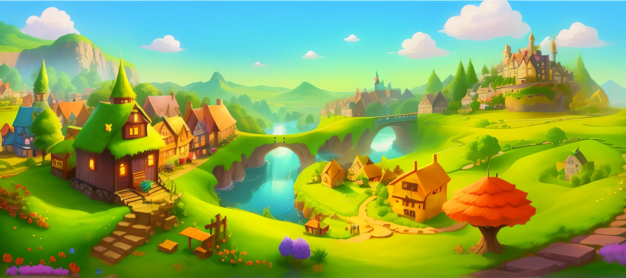 According to this picture, a similar picture will be made with a different layout than it is now. Close up of cartoon village with waterfall and houses, background artwork, whimsical fantasy landscape art, fantasy matte painting, cute, background art, kingdom of light background, fairy tale kingdom forest, mobile game background, stylized game art, fairy tale style background, fantasy background, distant village background, 3d stylized scene, magical village, 2d game art background