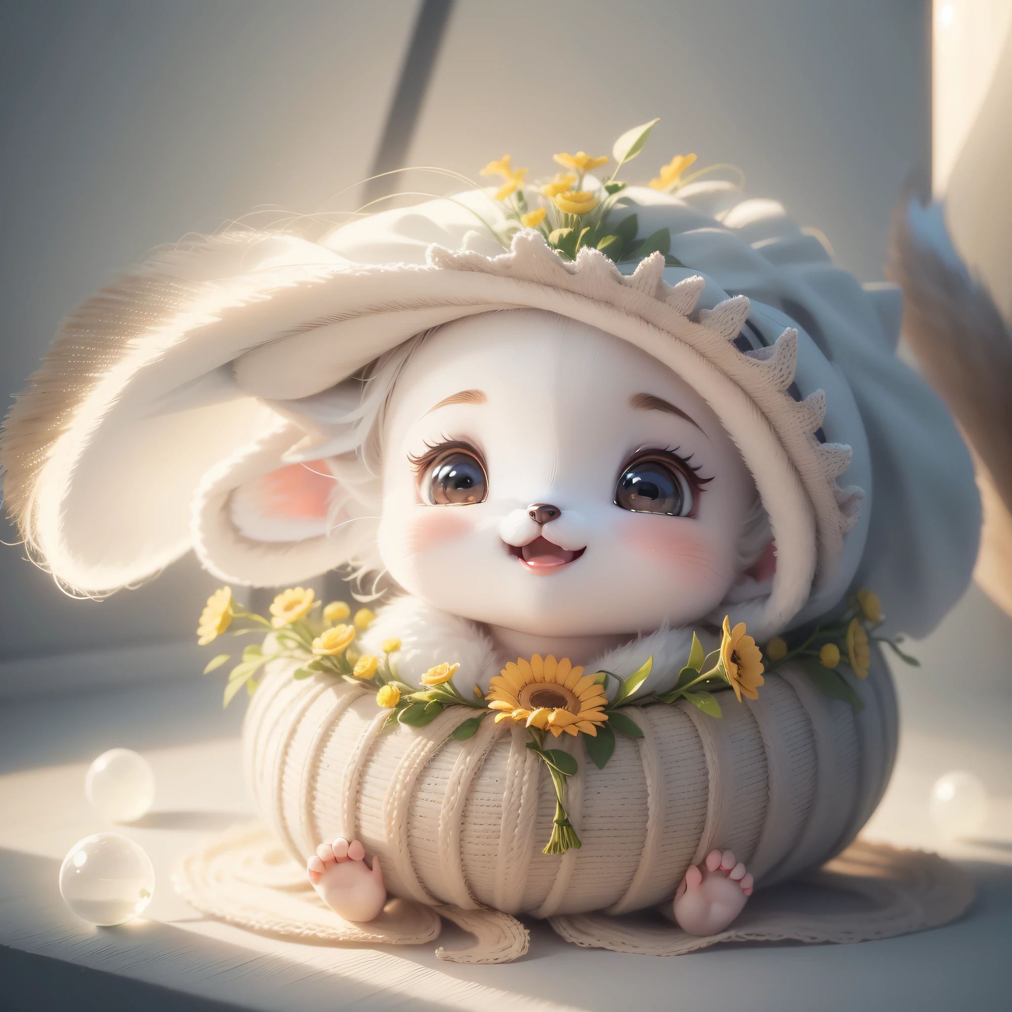 Baby fox, very cute white, big eyes laugh, excitement, flowers, professional light, golden magic moment, pencil drawing, octane rendering, dynamic composition
