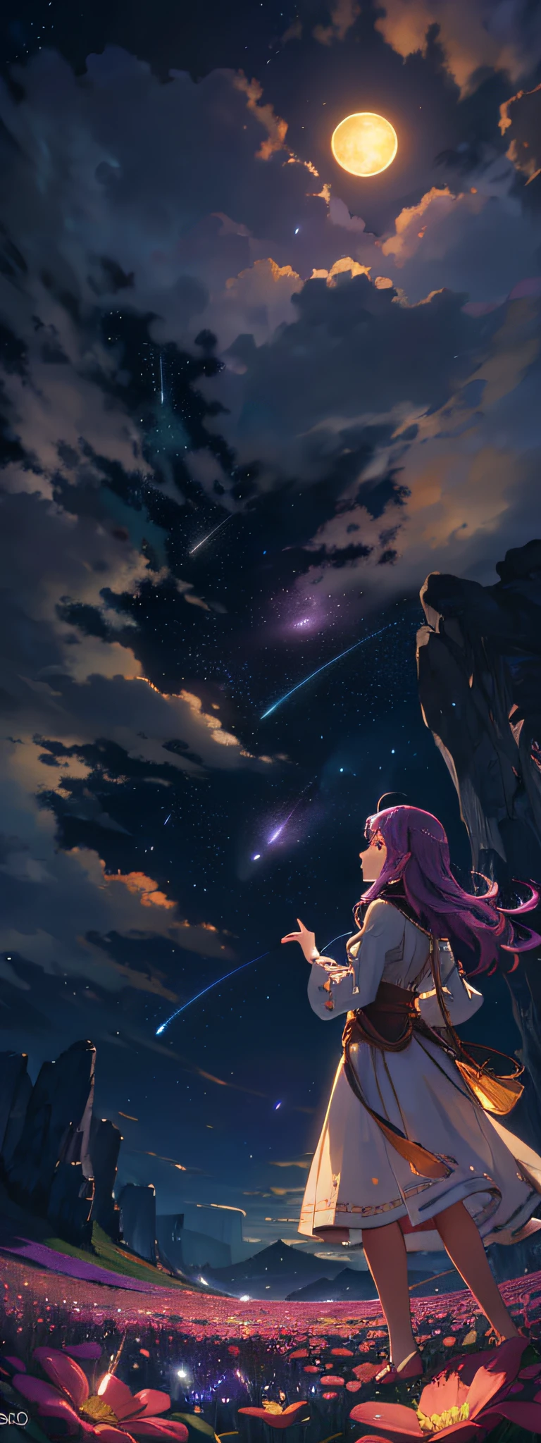 Vast landscape photo, (viewed from below, the sky is above and the open field is below), a girl standing on a flower field looking up, (full moon: 1.2), (meteor: 0.9), (nebula: 1.3), distant mountains , Trees BREAK Crafting Art, (Warm Light: 1.2), (Fireflies: 1.2), Lights, Lots of Purple and Orange, Intricate Details, Volumetric Lighting, Realism BREAK (Masterpiece: 1.2), (Best Quality), 4k, Ultra-Detailed, (Dynamic Composition: 1.4), Very Detailed, Colorful Details, (Rainbow Colors: 1.2), (Glow Lighting, Atmospheric Lighting), Dreamy, Magical, (Solo: 1.2)