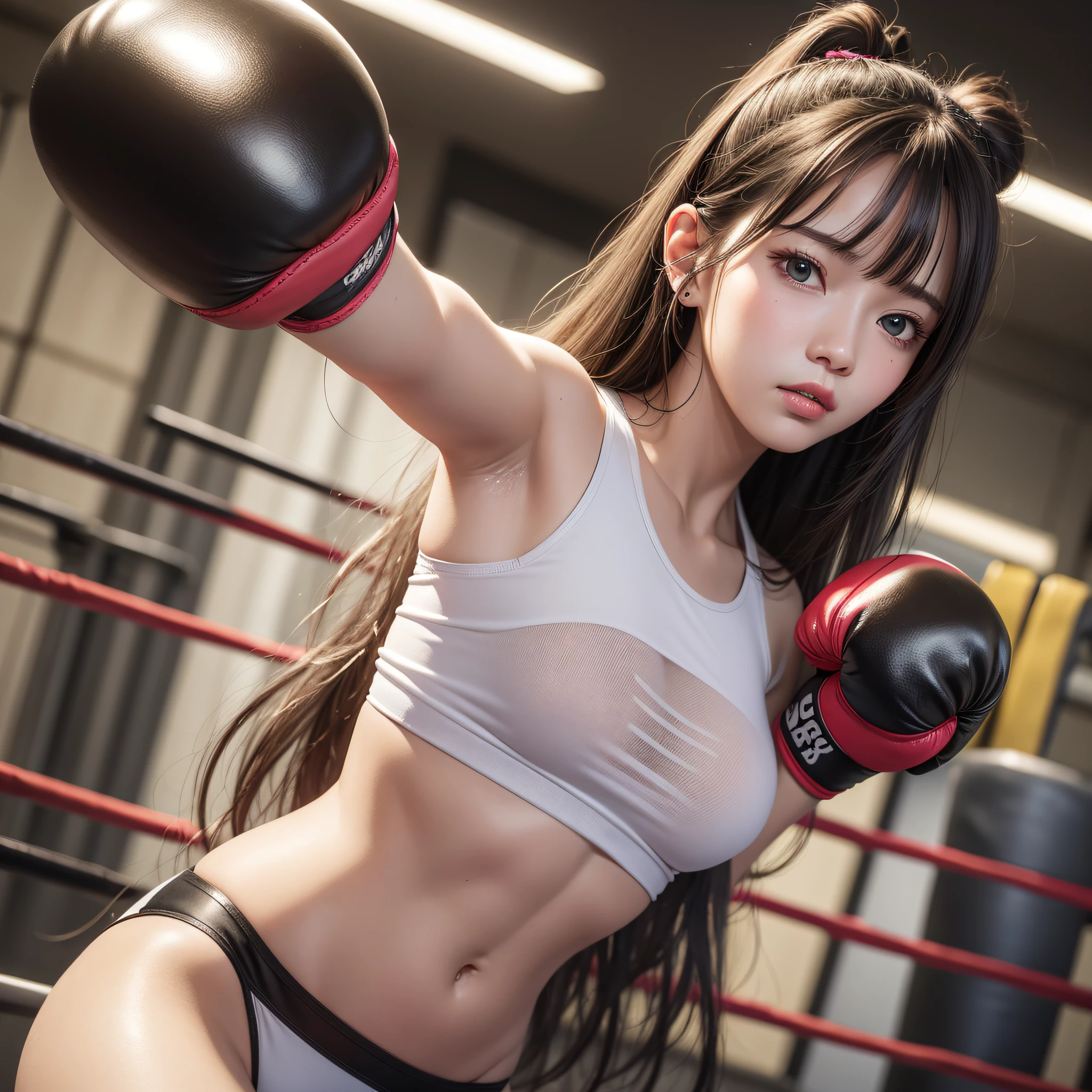 masterpiece, top quality, (realistic, photorealistic: 1.4), (RAW photo: 1.2), very elaborate CG Unity 8K wallpaper, very delicate and beautiful, wonderful, attention to detail, official art, absurdity, incredibly ridiculous, huge file size, very fine, very elaborate, beautiful eyes and face, beautiful elaborate eyes, light on the face, one girl, Long Hair, (Pom) Navel, Upper Body, yellow and pink Short Sleeved T-Shirt, Boxing Gloves, Bare Arms, Bangs, Boxing Gym, Boxing Ring, ULZZANG-6500-v1.1