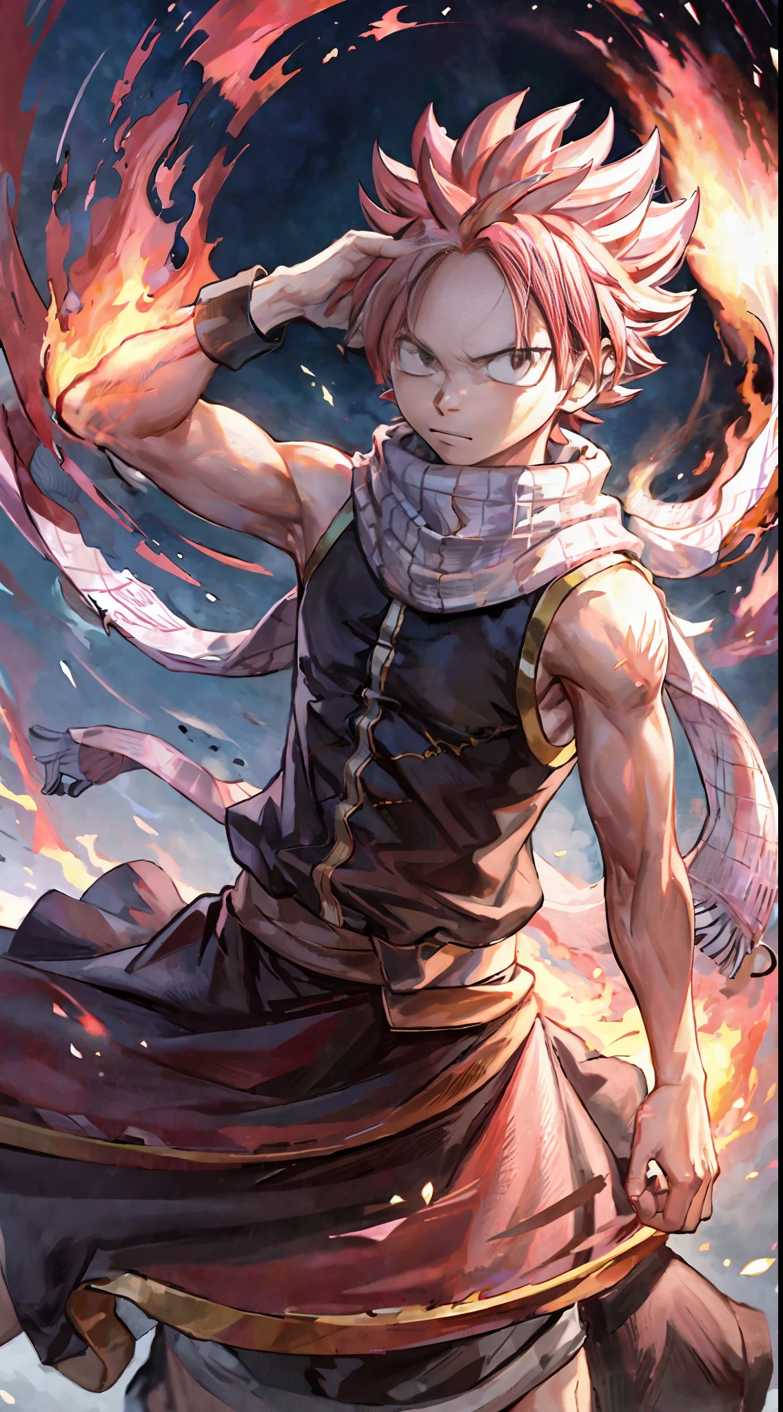 (((1boy, (natsu_dragneel:1.2), scarf, sleeveless, black eyes, fire, arm up,))) default_outfit, standing,  looking_at_viewer, solo, male_focus, Cowboy_shot,  close up portrait, outdoors, (night, dark:1.25), street, (darkestdiffusion style:0.6), (evreka15 style:0.6), best quality, absurdres, highres, (original), (extremely detailed wallpaper), 8k, (color), (trending on artstation, cgsociety, pixiv:0.85), highly detailed, (coherent:1.5), (beautiful composition:1.2),  (dynamic lighting), (intricate:1.15), (symmetrical:1.1), (hd:1.25), (masterpiece:0.9), (by atey ghailan and anton fadeev:0.9), [light_rays], moon,  (blurry_background, depth of field:0.5), 
Official_Art,