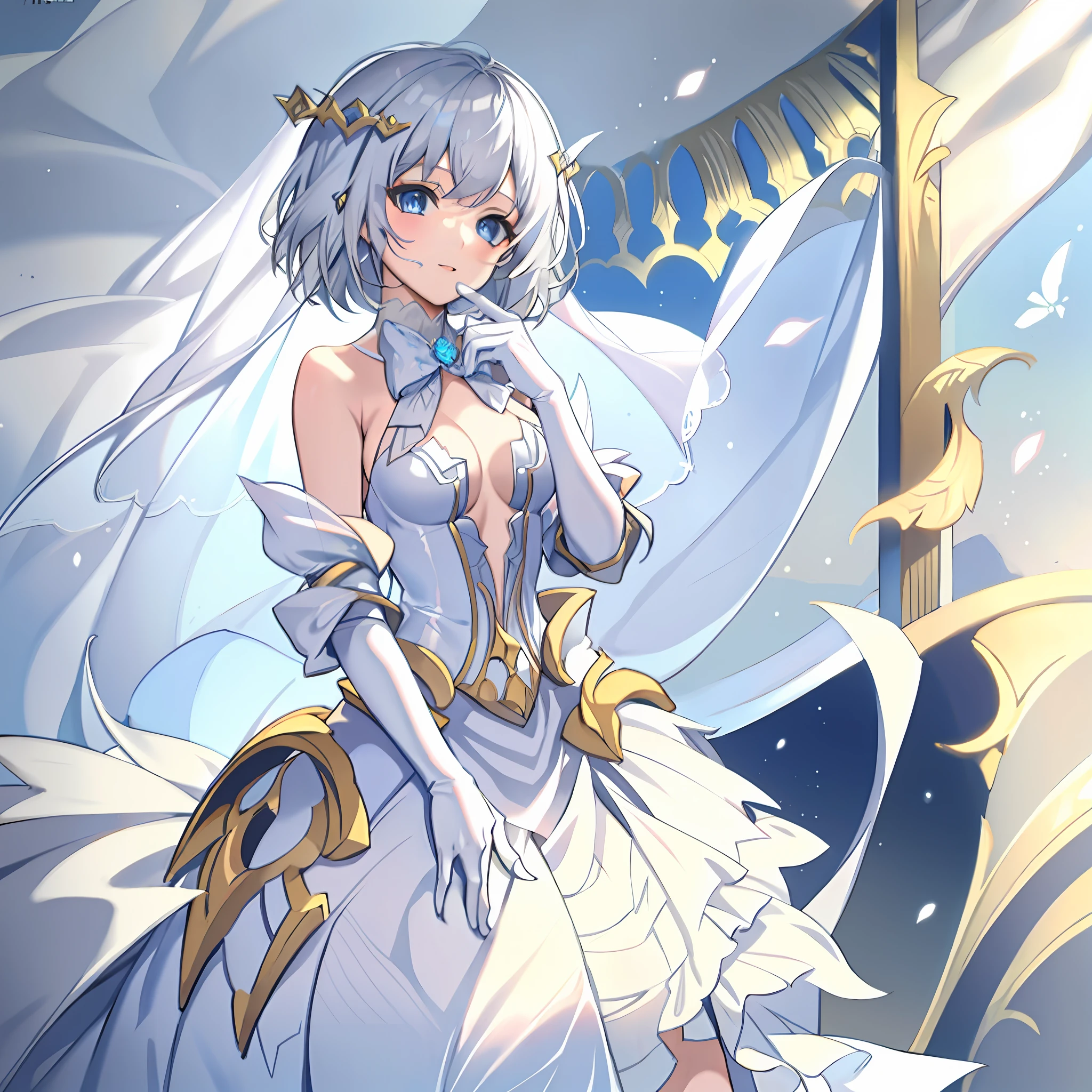 18 year old beautiful girl, masterpiece, top quality, 8K animation, detailed fingers, precise fingers, not unnatural hands, illustration, 1 girl, solo, silver hair bob cut, white veil, ORIGAMI