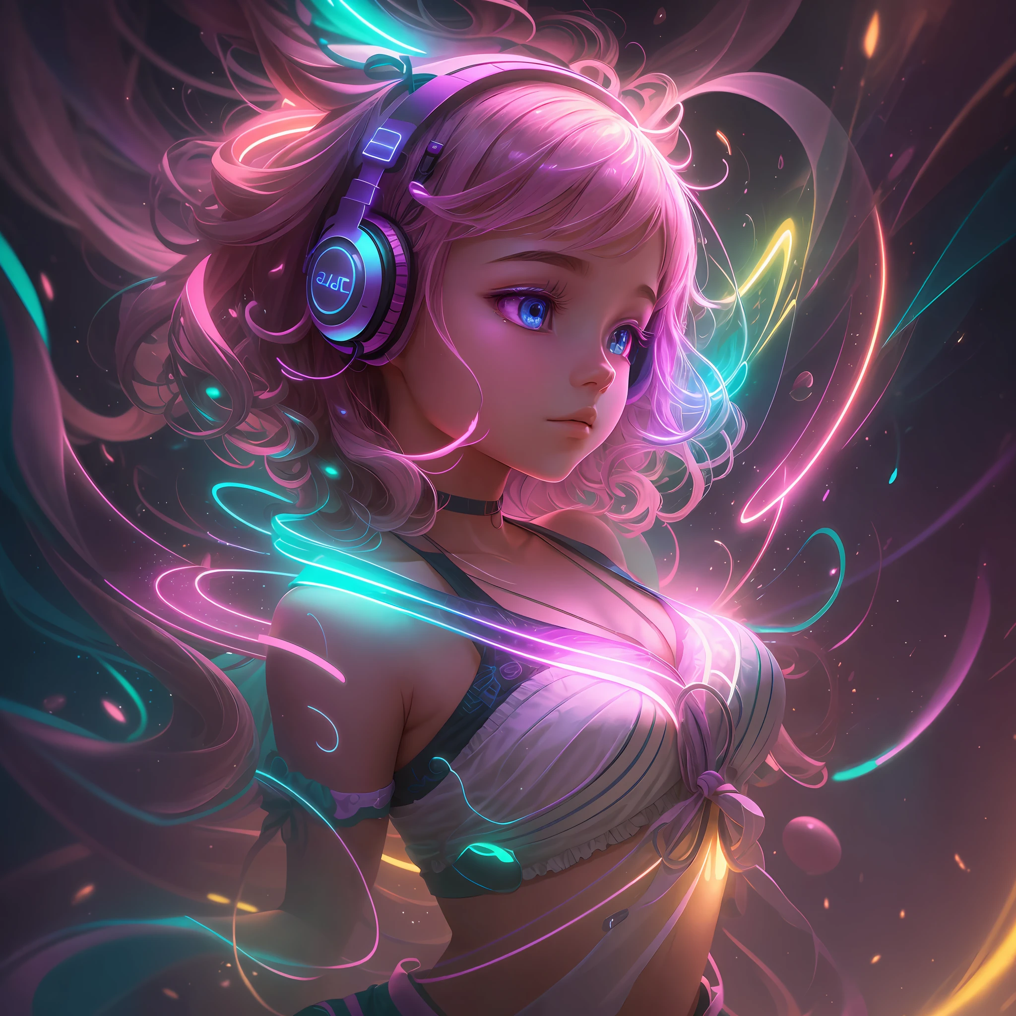 The young girl is immersed in her own magical world, situated within a room adorned with vibrant neon lighting. The environment is filled with a dazzling color palette, with intense shades of purple, blue, and pink radiating from the walls lined with neon lights. These lights dance and flicker in harmony with the soft beats and tranquil chords of the Lo-Fi music that echoes through the room.
The light effects create a hypnotic and futuristic atmosphere around the girl. As she moves, the rays of light follow her, creating a play of shadows and reflections that seem to illuminate her face in magical and enchanting ways. The intense colors of the light effects appear to paint her curly hair in brilliant neon hues, adding a touch of electric energy to her appearance.
The headphones she wears are wrapped in a pulsating neon band that glows in sync with the music, creating a perfect synergy between sound and light. As she gets lost in the immersive melodies, the neon light reflects in her eyes, intensifying the glow that emanates from them.
The girl seems to be in tune with the flow of the music and the light effects around her. Her movements flow smoothly, following the gentle rhythms as she nods her head and glides her feet across the floor. She appears to be in a state of serene ecstasy, absorbing the sonic and visual vibrations that surround her.
While the room's light effects playfully dance around her, they also emit an aura of serenity and tranquility, creating a unique haven of peace and inspiration for the girl. She finds in this environment a constant source of creativity and expression, where music and the magic of light merge into a singular sensory experience.
This description conveys the sense of a young girl immersed in a room with neon light effects, where music and atmosphere combine to create a space brimming with energy and inspiration. --auto --s2