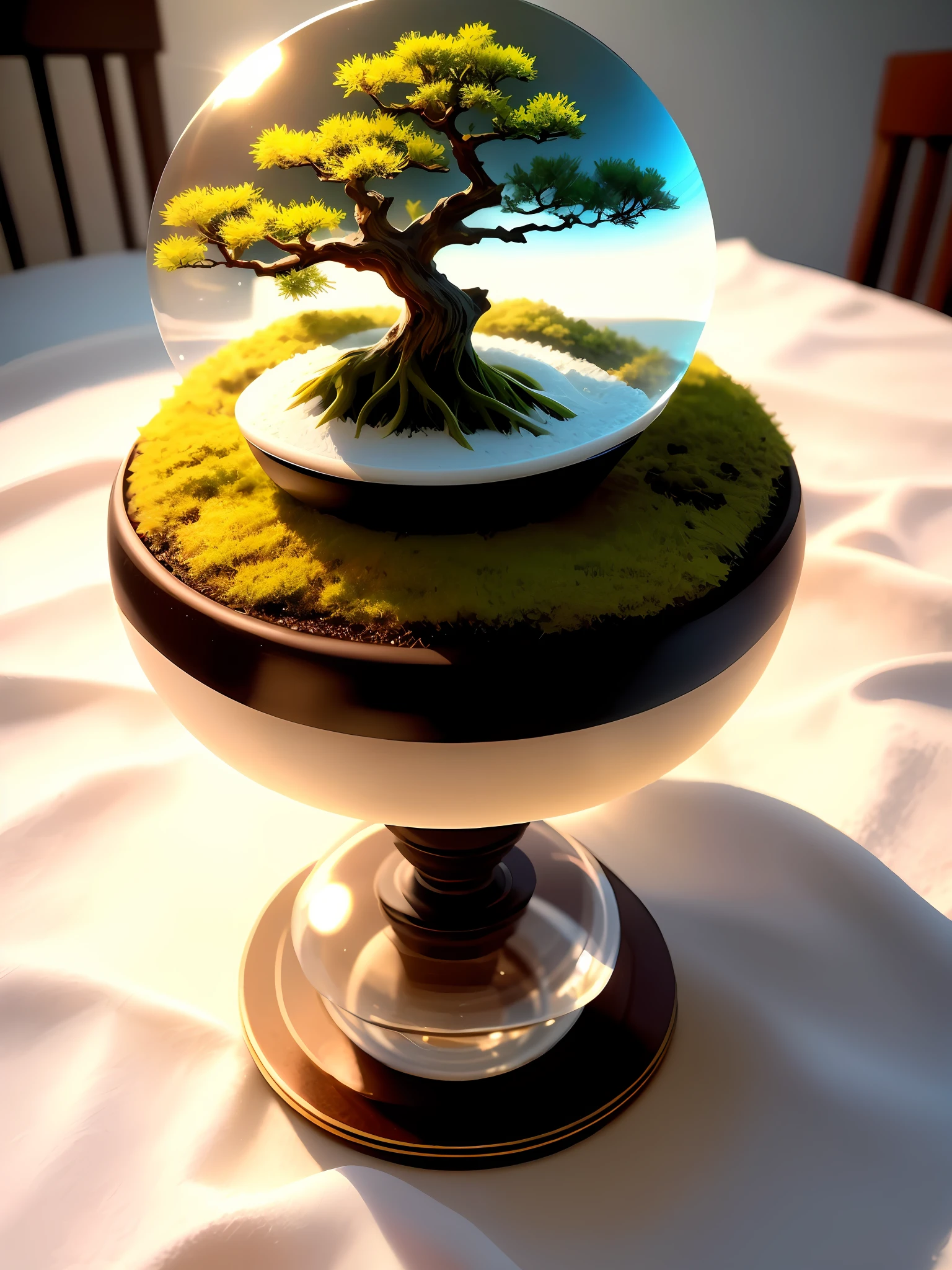 Artistic, Ultra Realistic, 16K High Resolution, (Max Sharp Focus: 1.3), (On Table: 0.2), (Downlight: 1.2), (Max Close-up: 1.2), (Mini Bonsai trapped in a crystal ball with pedestal, White Sand: 1.7)