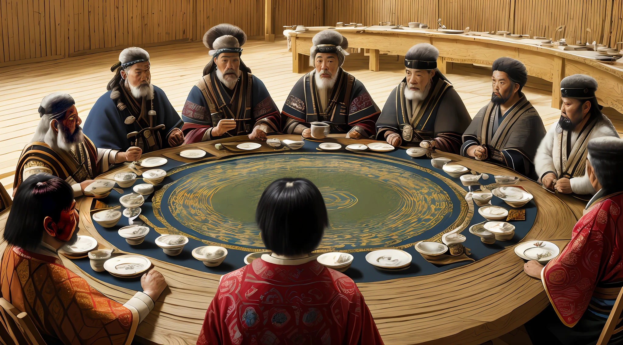 masterpiece, Highly detailed, super realistic, 4k, 8k, detailed background, bright Lighting, Daylight,
(Ainu Chieftains' Meeting), (Indoor), (Round Table), (Close Up), (Heated Debate), (Exciting), (Fighting Pose),