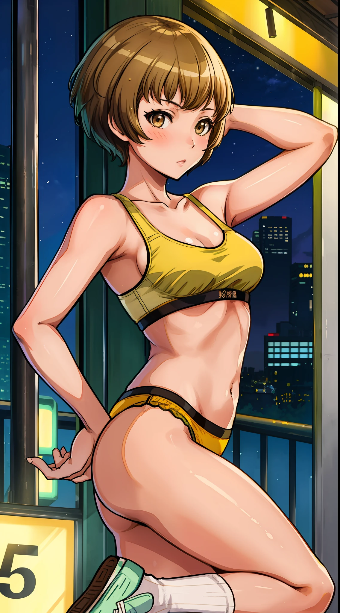 1 woman, Chie Satonaka (from persona 4, light brown short hair, white skin, brown eyes, strong fit body:1,2), tight wet bra and green and yellow panties, bare shoulders, looking at the viewer, white socks and sneakers, lascivious, ecchi, wideshot, bare belly, blushing, sexy:1,5, daning on a strip pole, in a night bar